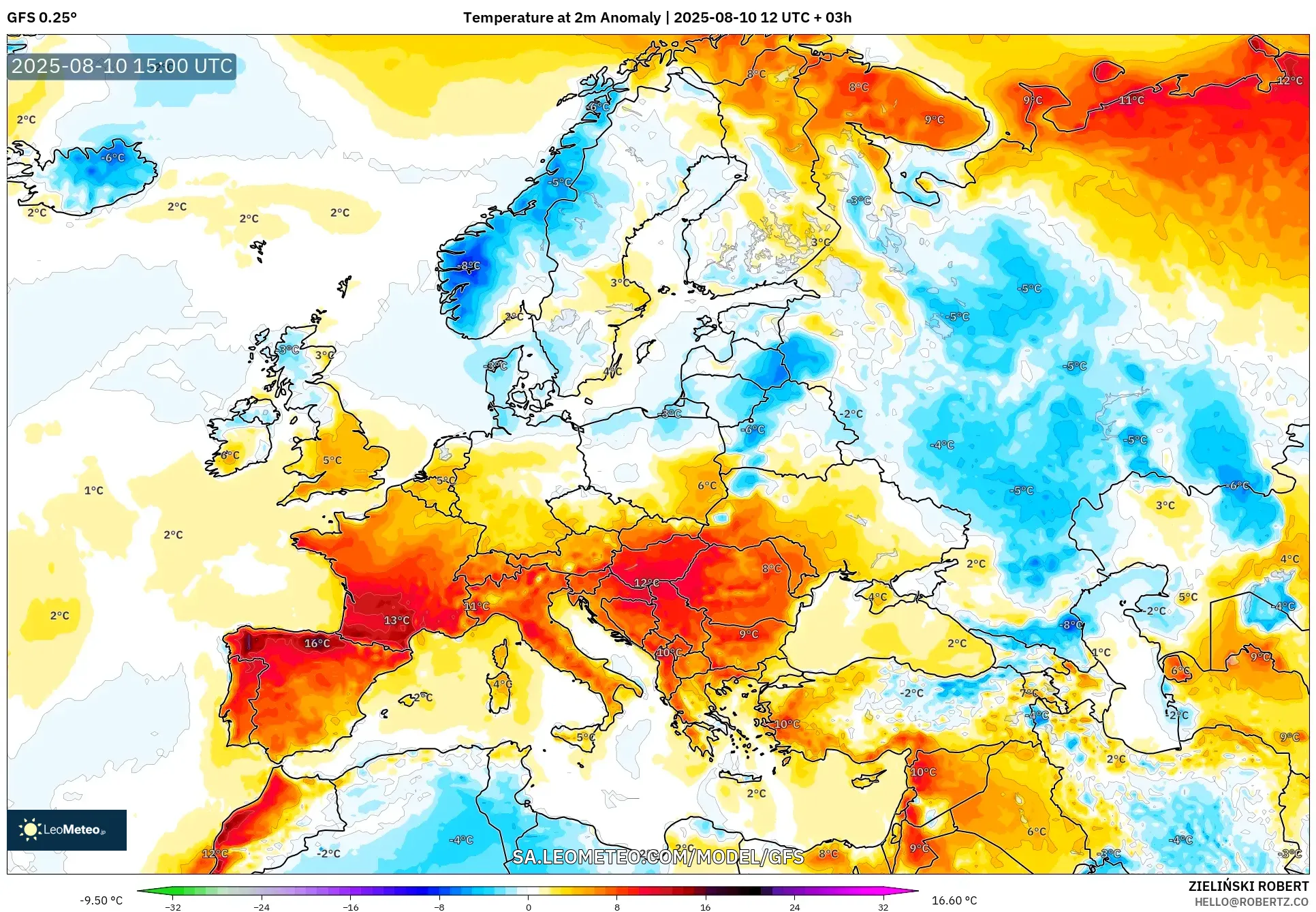 GFS model - Europe, Temperature at 2m Anomaly