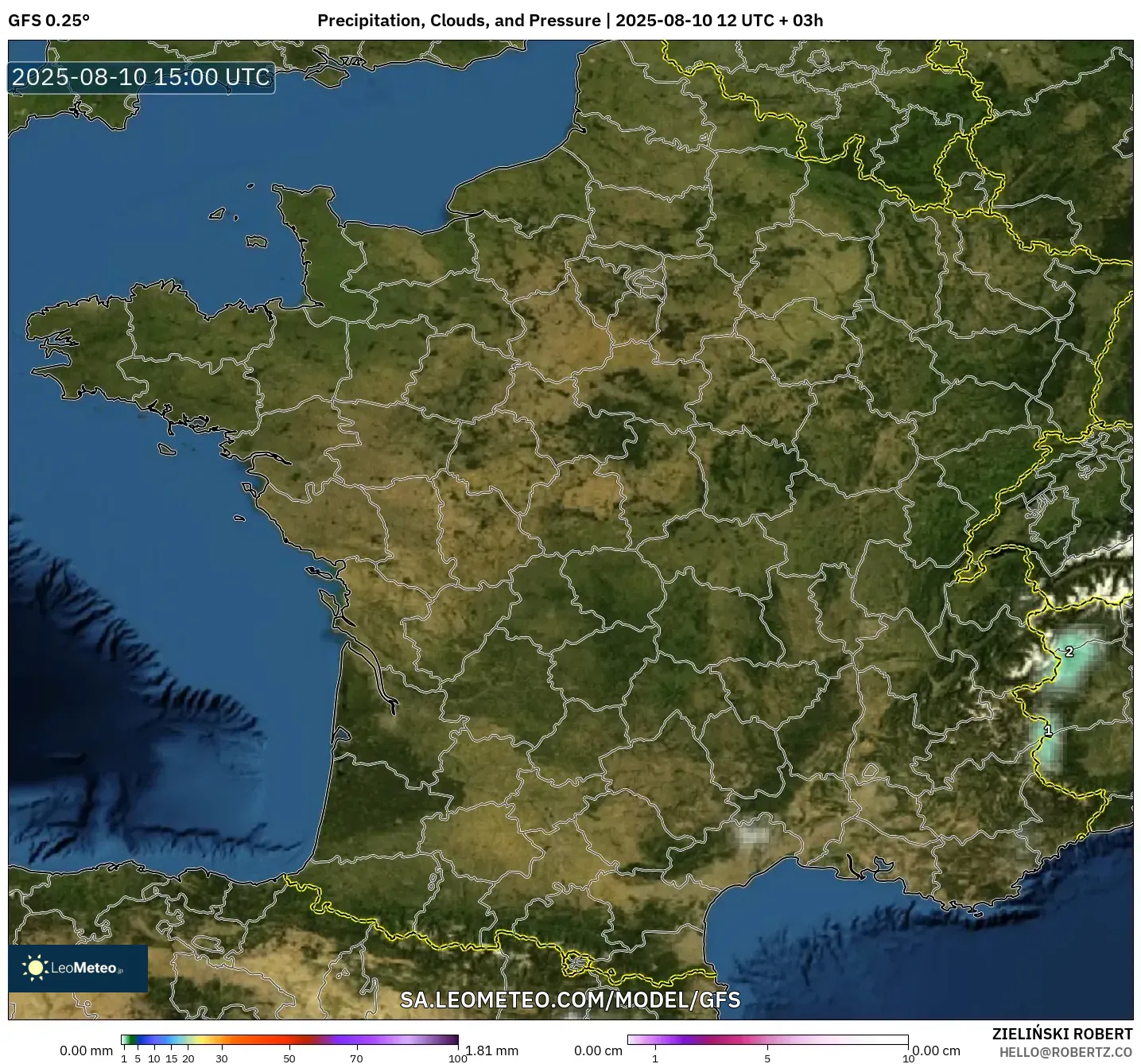 GFS model - France, Precipitation, Clouds, and Pressure