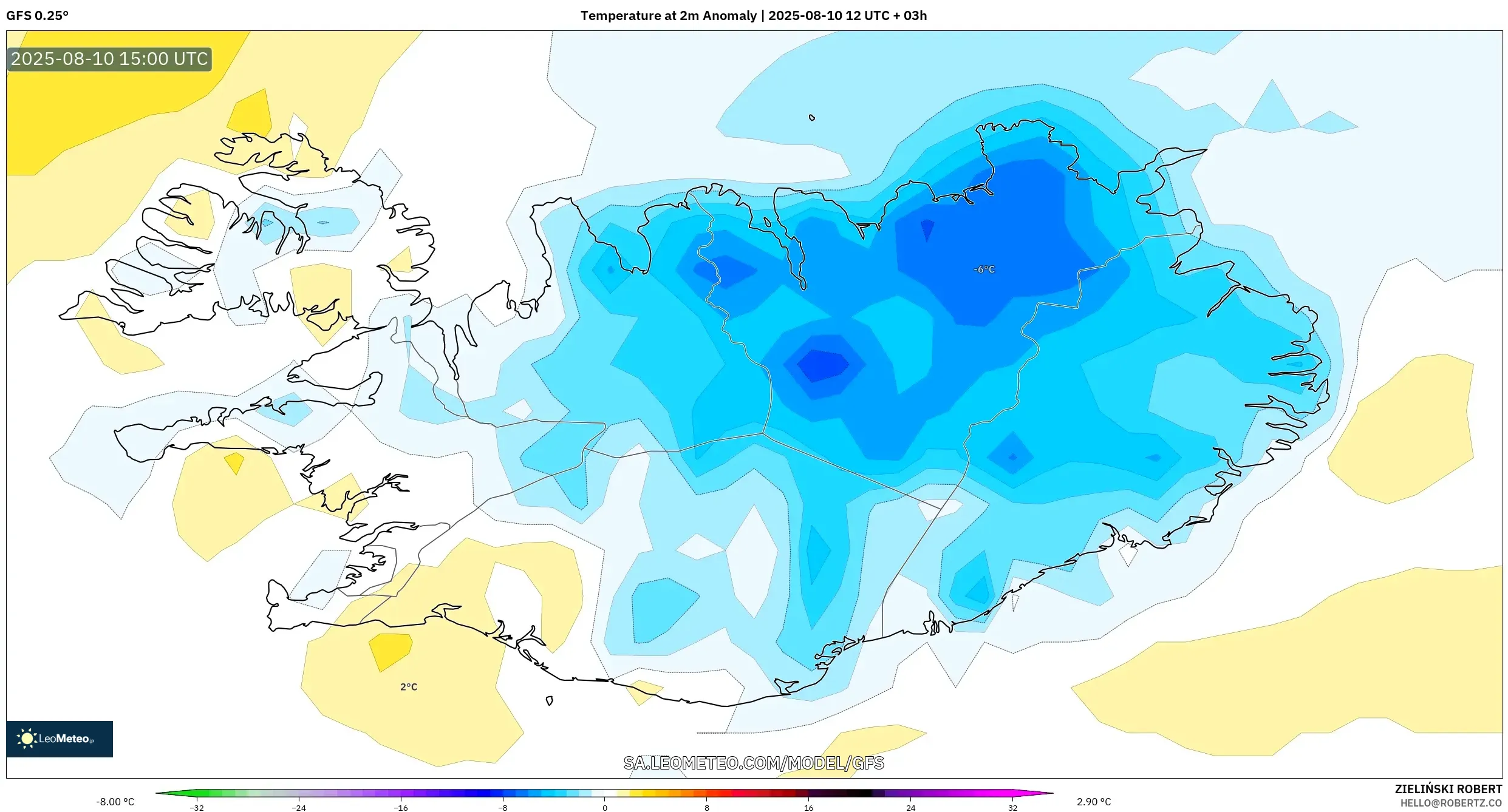GFS model - Iceland, Temperature at 2m Anomaly GFS model - Iceland, Temperature at 2m Anomaly