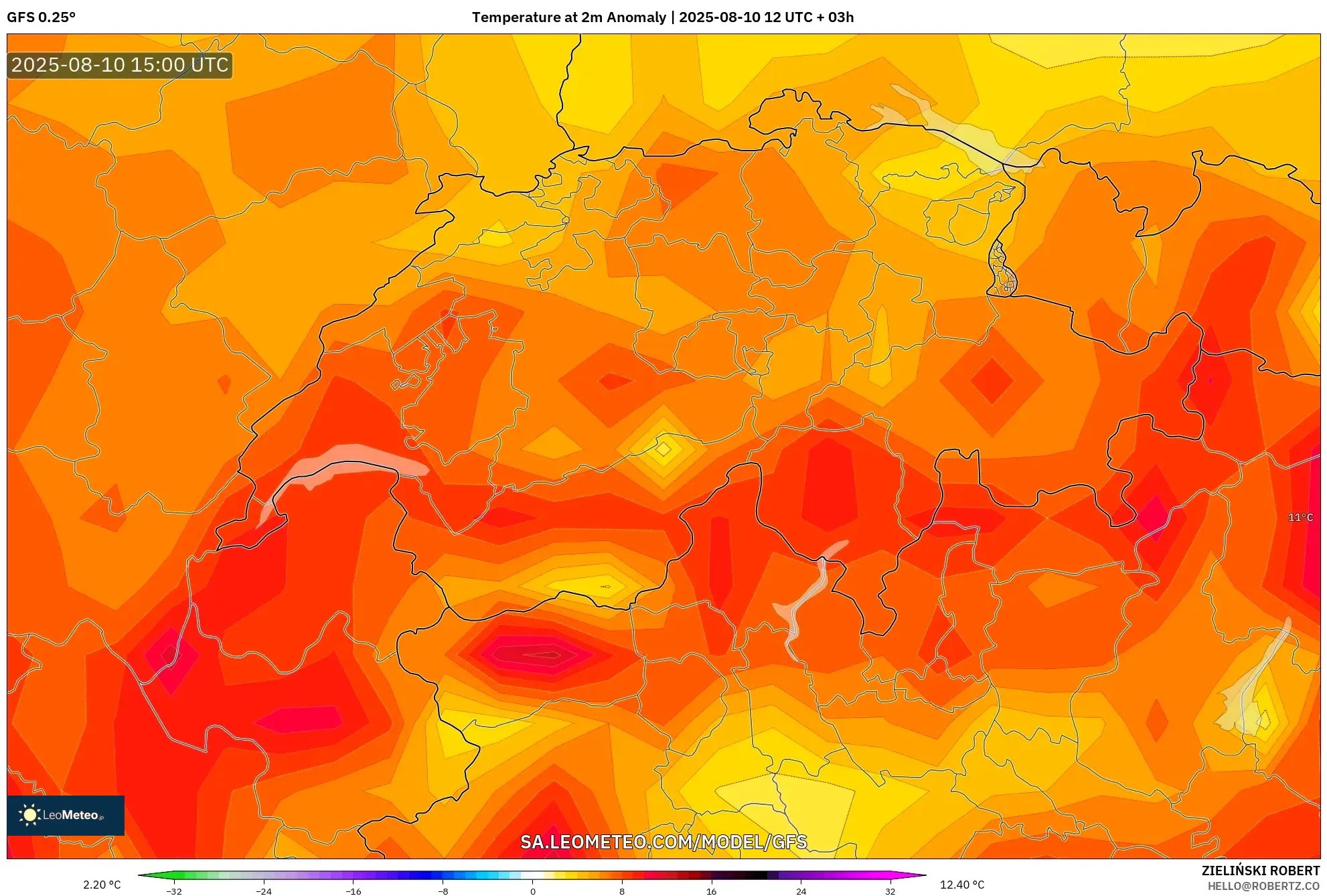 GFS model - Switzerland, Temperature at 2m Anomaly GFS model - Switzerland, Temperature at 2m Anomaly
