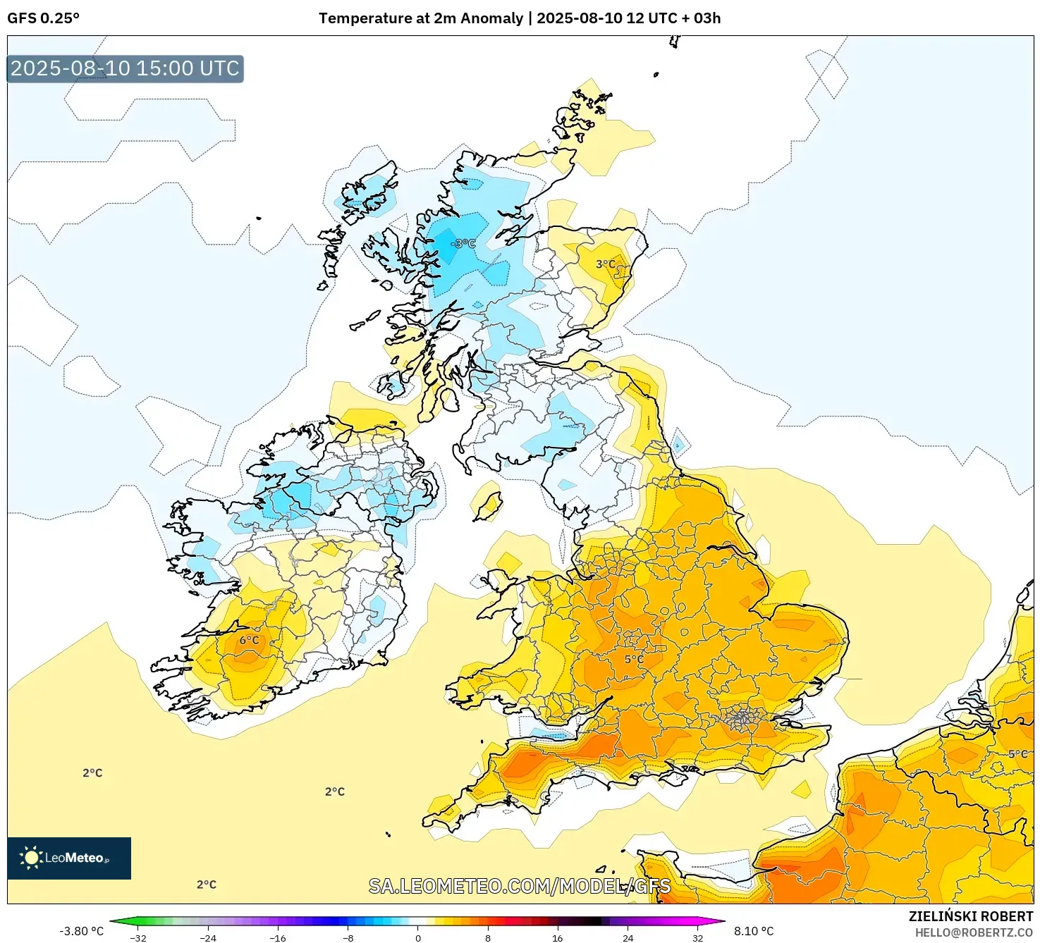 GFS model - United Kingdom, Temperature at 2m Anomaly GFS model - United Kingdom, Temperature at 2m Anomaly