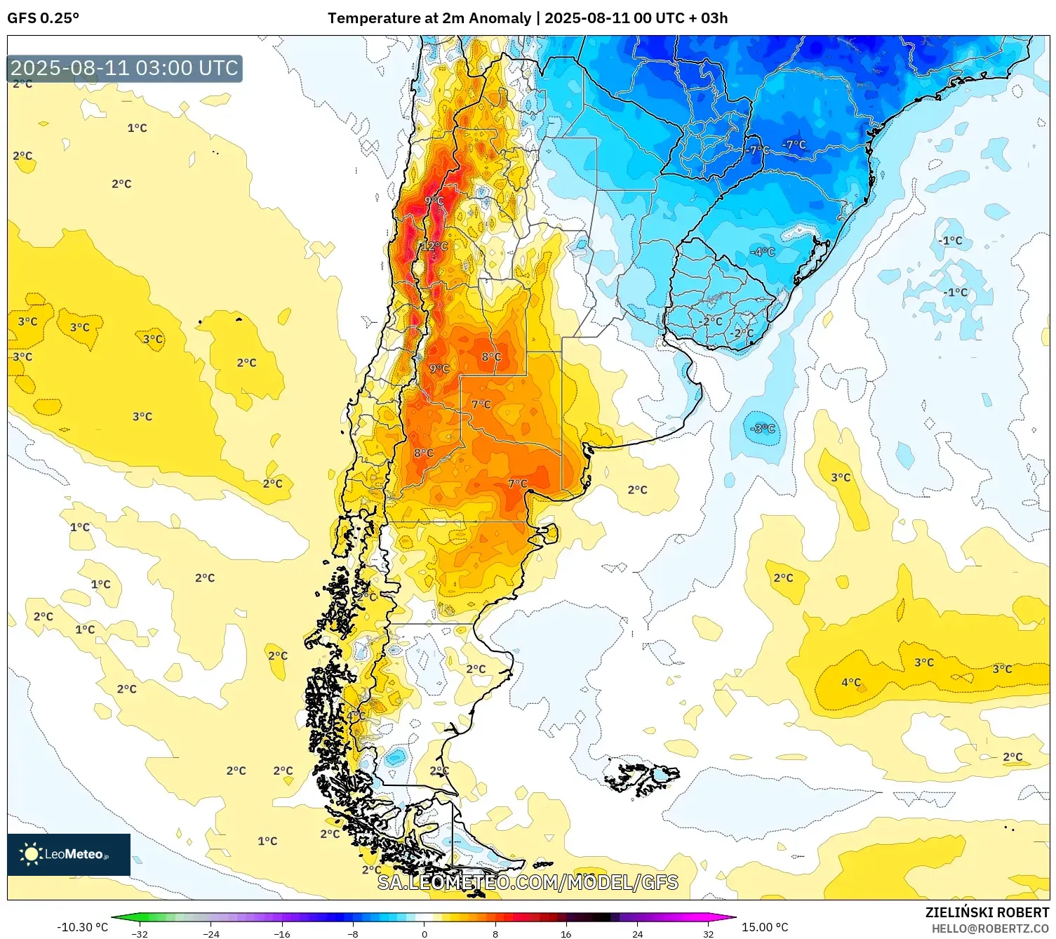GFS model - Argentina, Temperature at 2m Anomaly