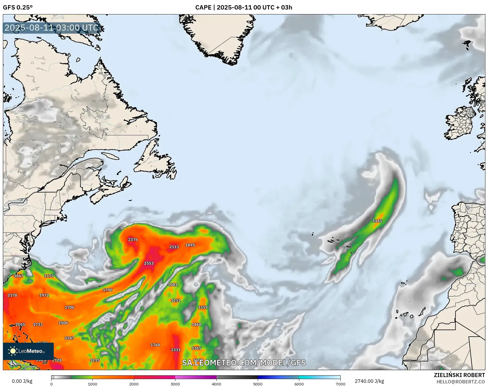 GFS model - North Atlantic, CAPE