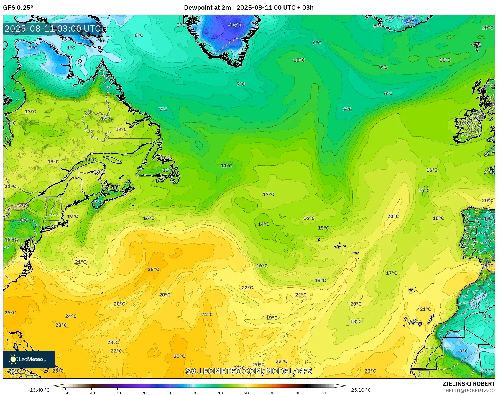 GFS model - North Atlantic, Dewpoint at 2m