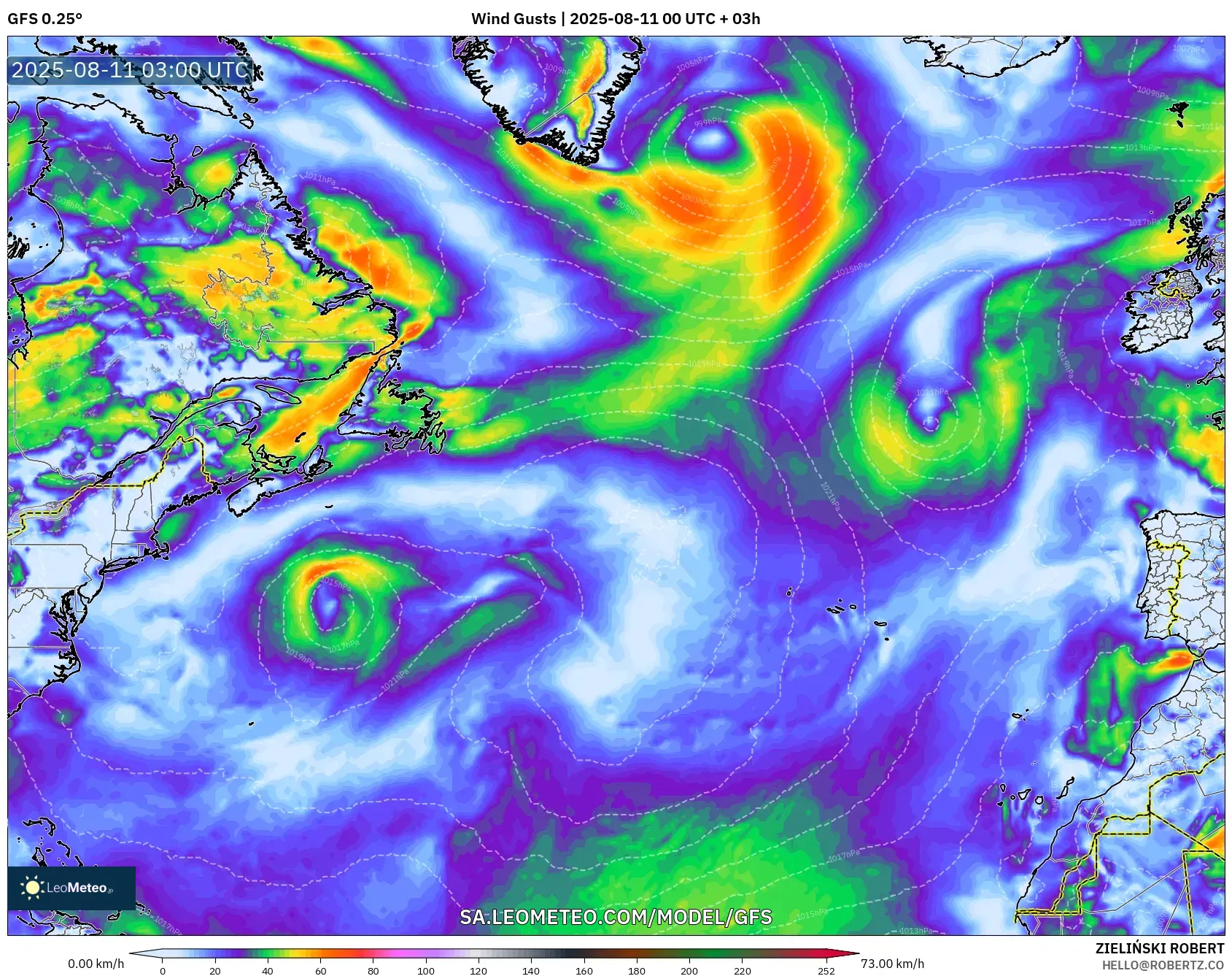 GFS model - North Atlantic, Wind Gusts