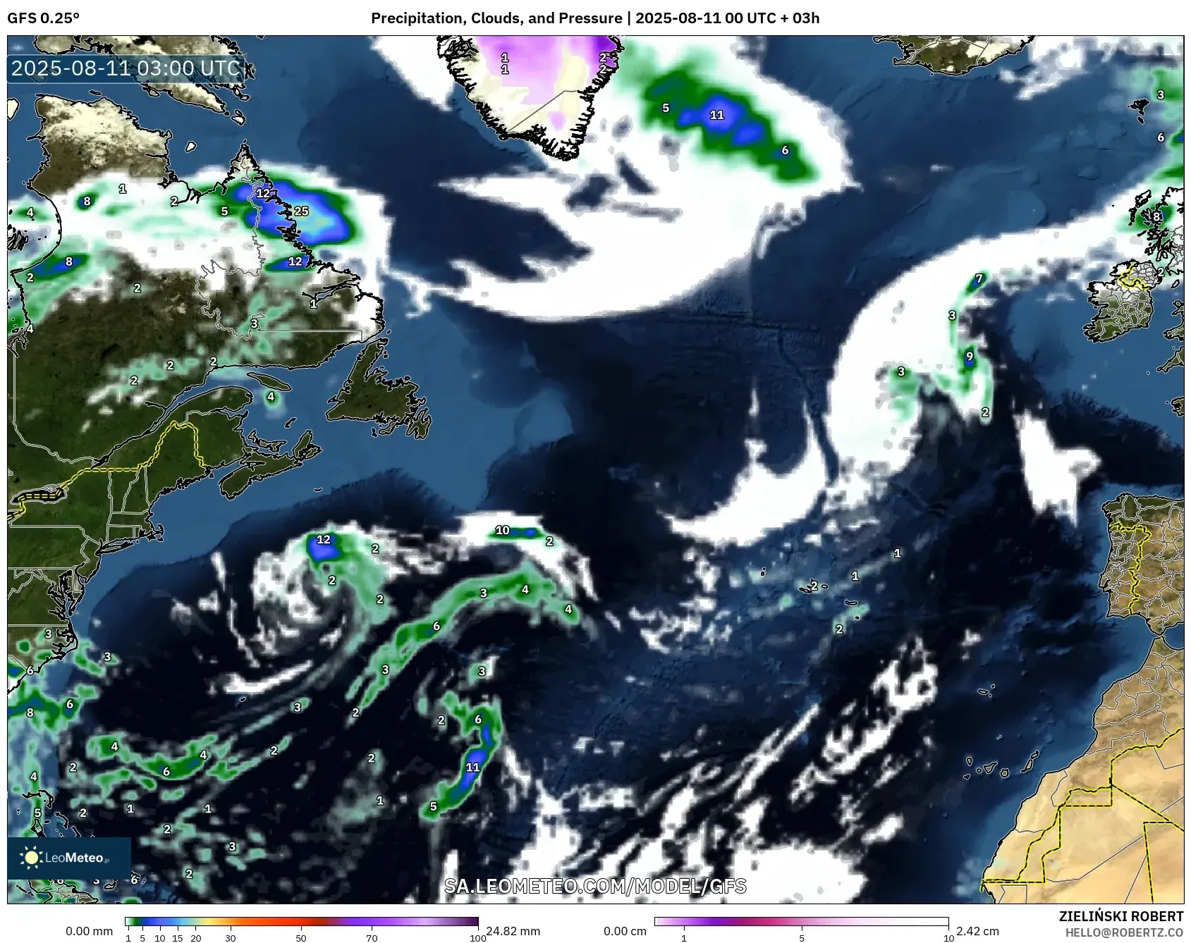 GFS model - North Atlantic, Precipitation, Clouds, and Pressure