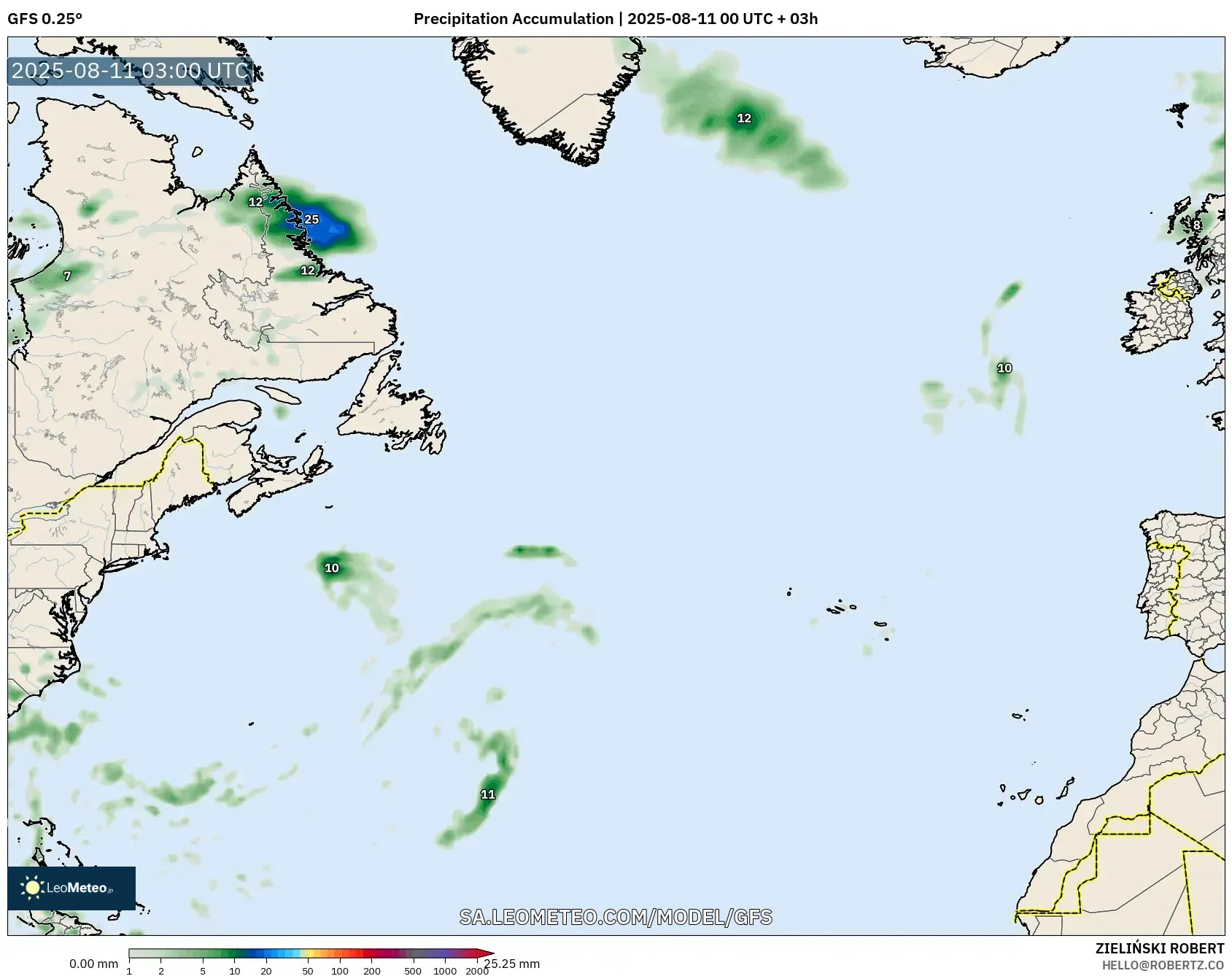 GFS model - North Atlantic, Precipitation Accumulation
