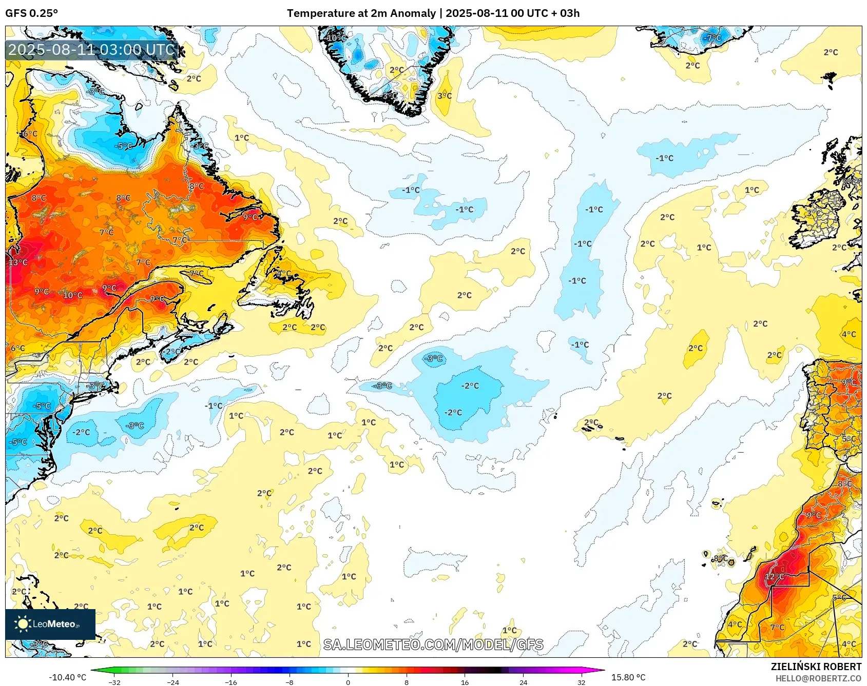 GFS model - North Atlantic, Temperature at 2m Anomaly