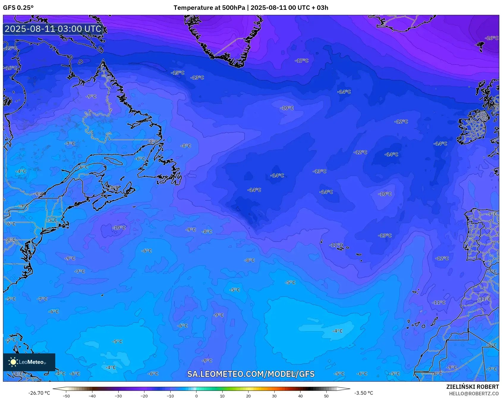 GFS model - North Atlantic, Temperature at 500hPa