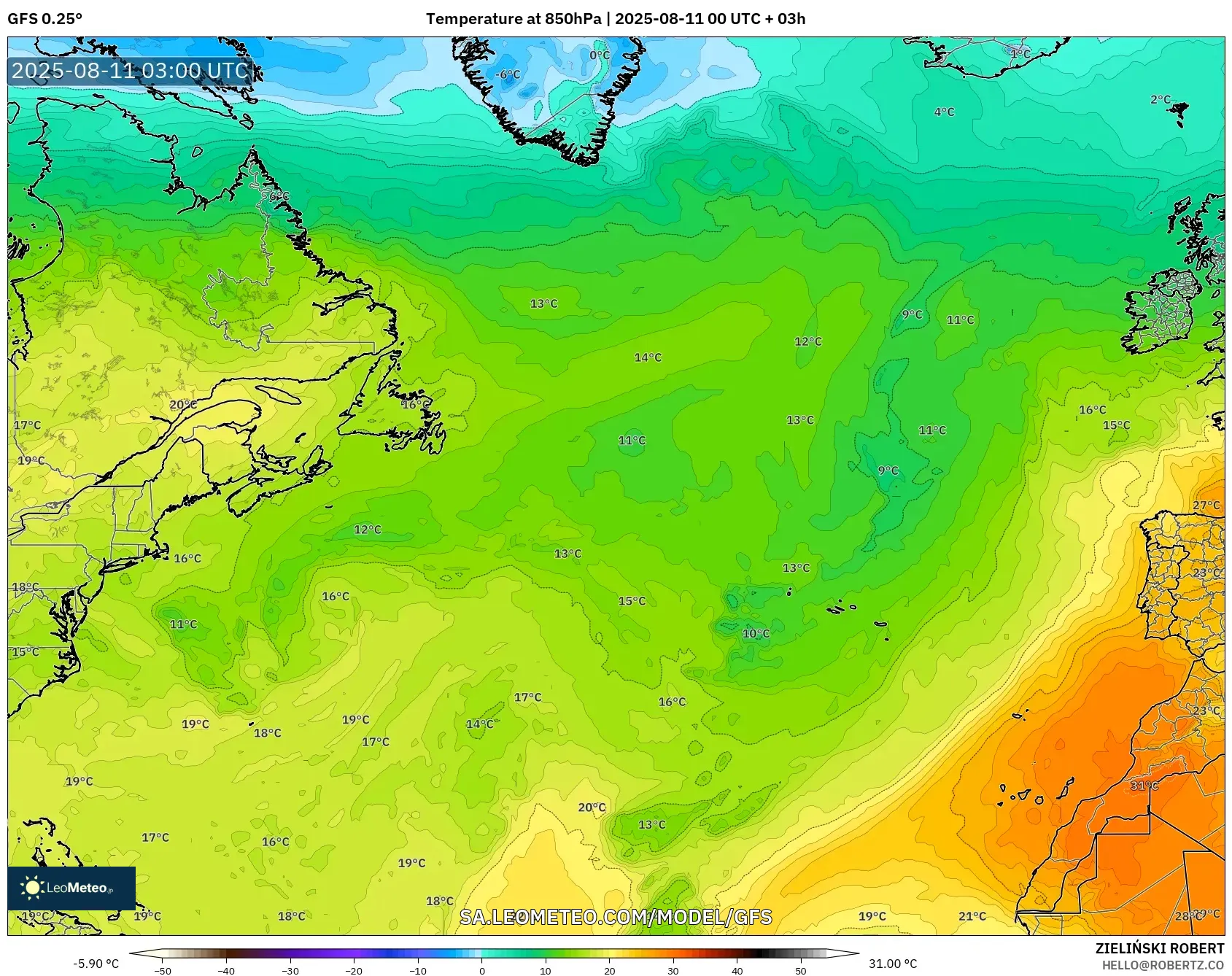 GFS model - North Atlantic, Temperature at 850hPa