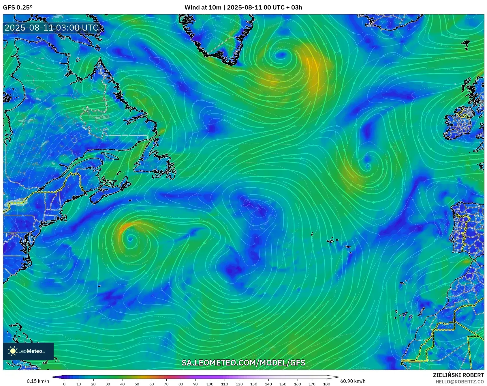 GFS model - North Atlantic, Wind at 10m
