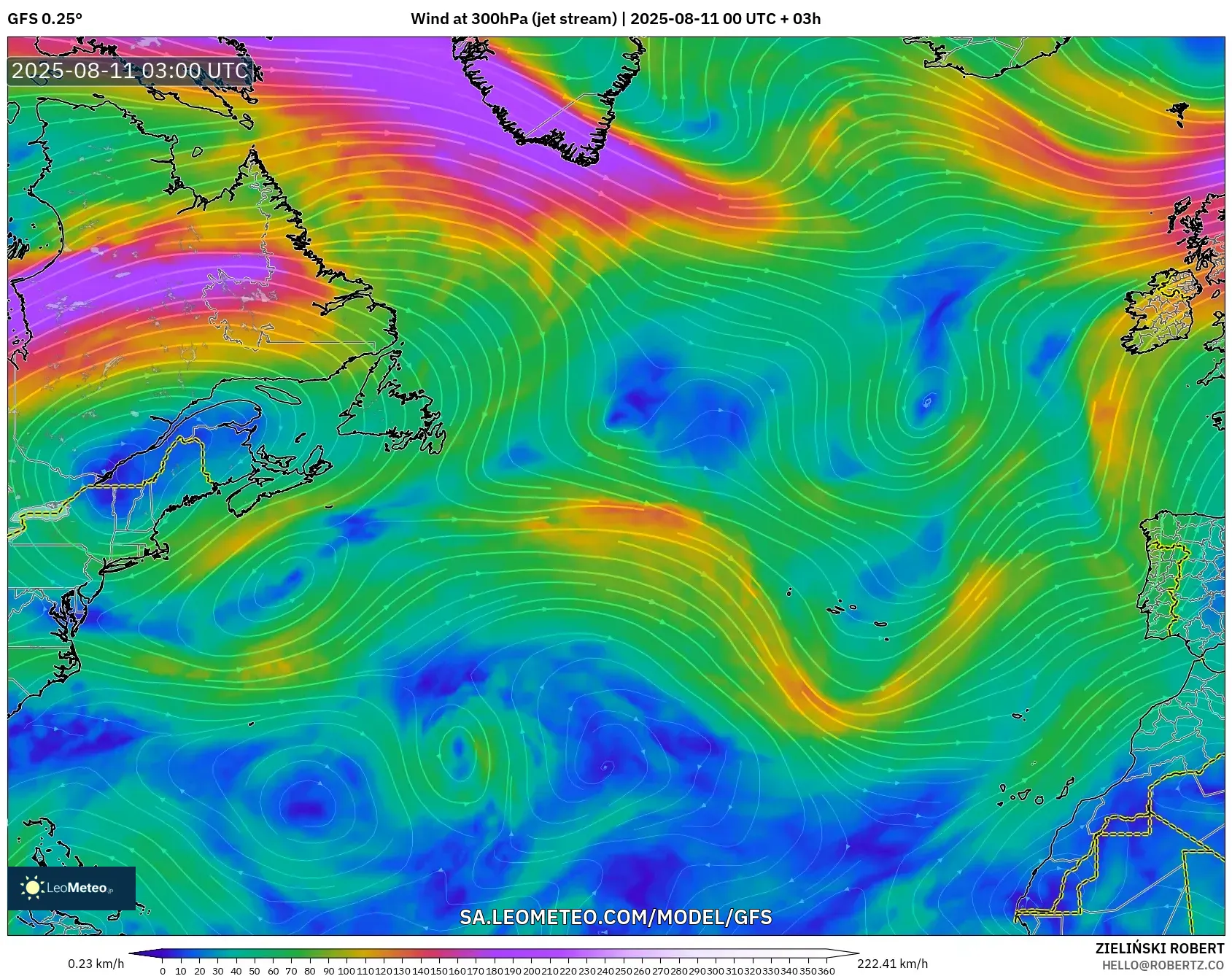 GFS model - North Atlantic, Wind at 300hPa (jet stream)