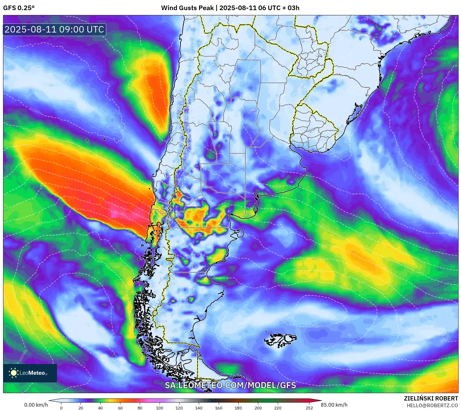 GFS model - Argentina, Wind Gusts Peak