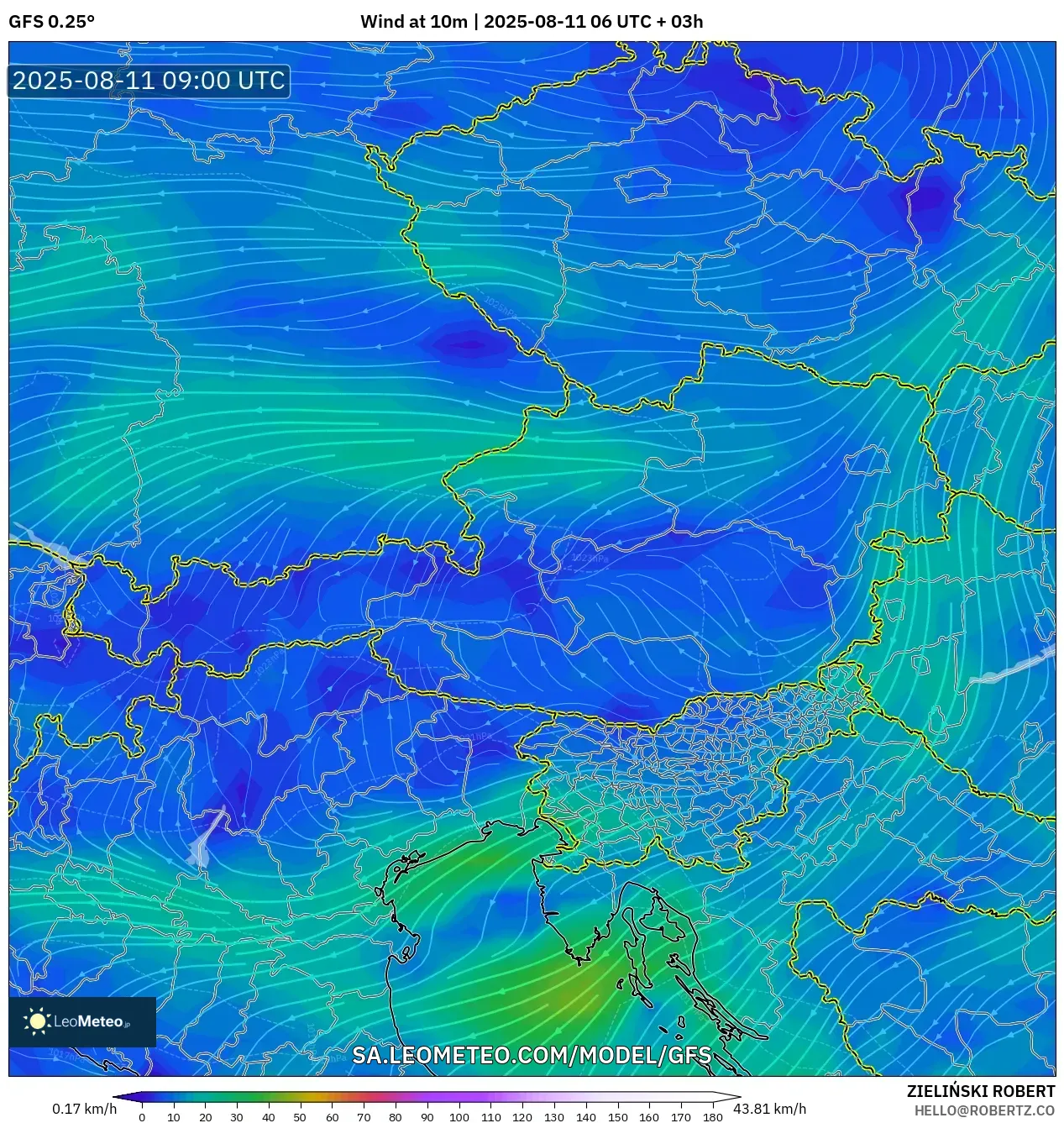GFS model - Austria, Wind at 10m
