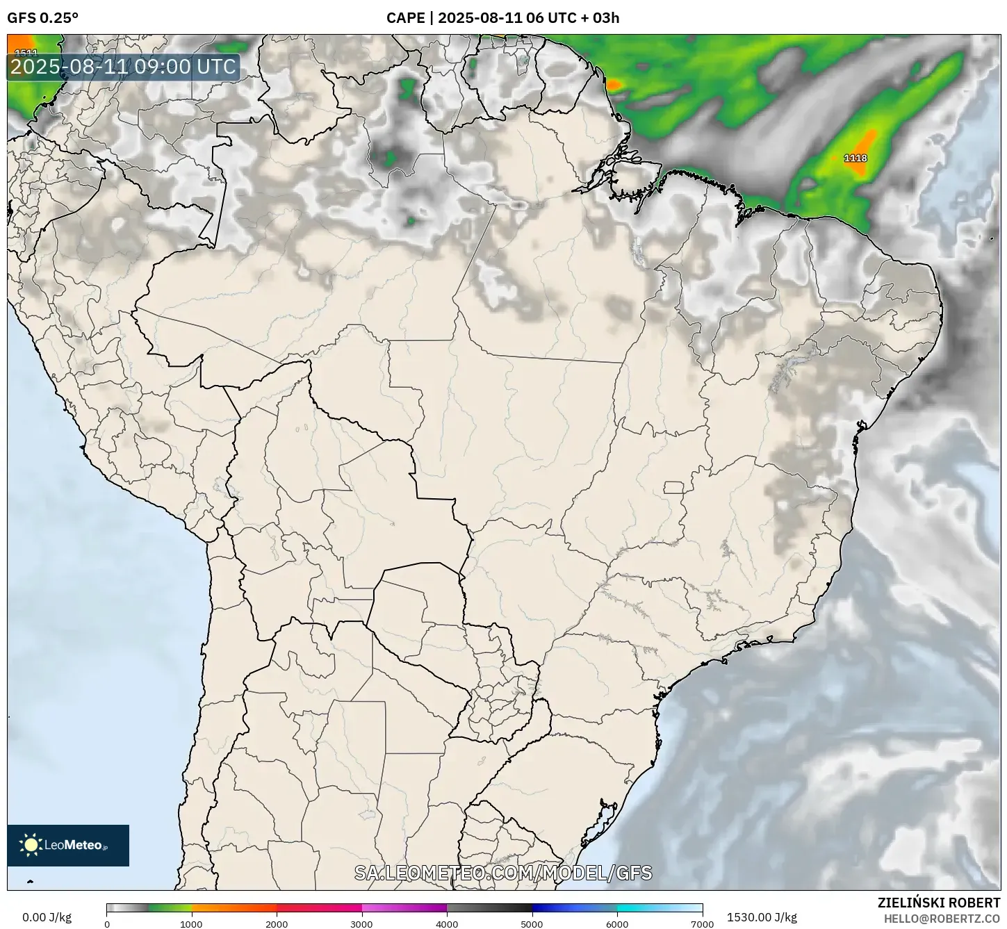 GFS model - Brazil, CAPE GFS model - Brazil, CAPE