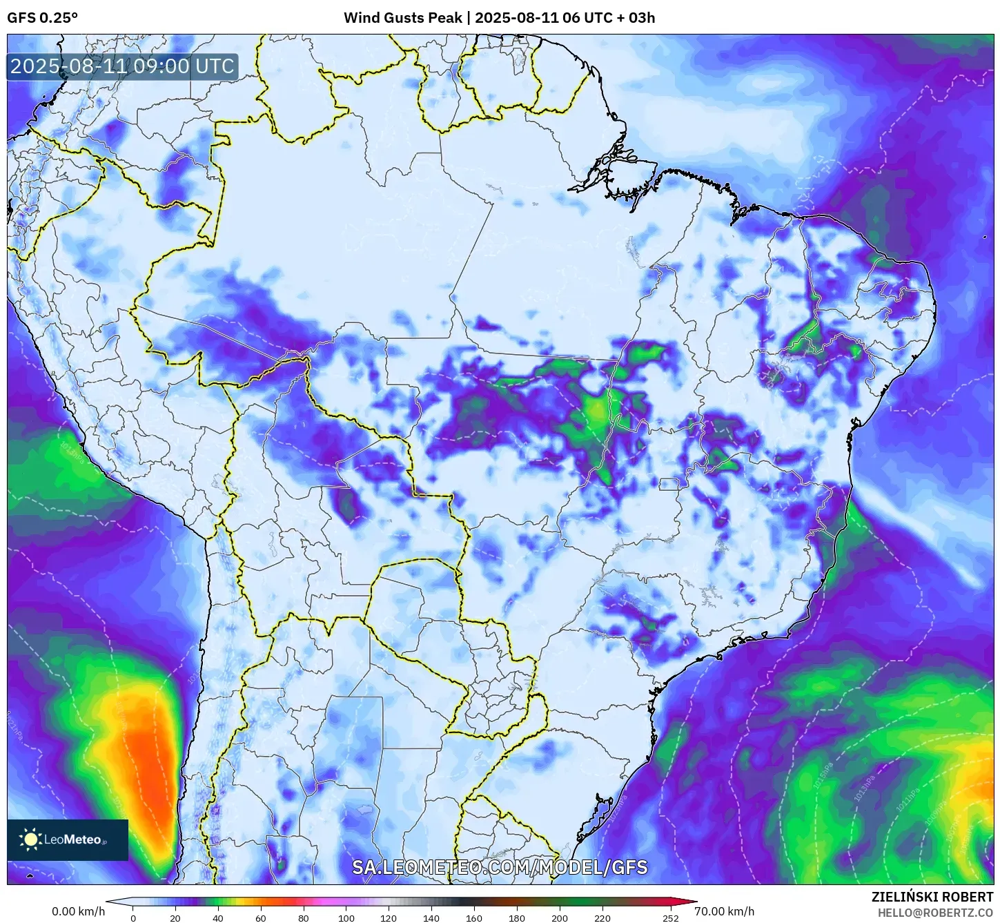 GFS model - Brazil, Wind Gusts Peak GFS model - Brazil, Wind Gusts Peak