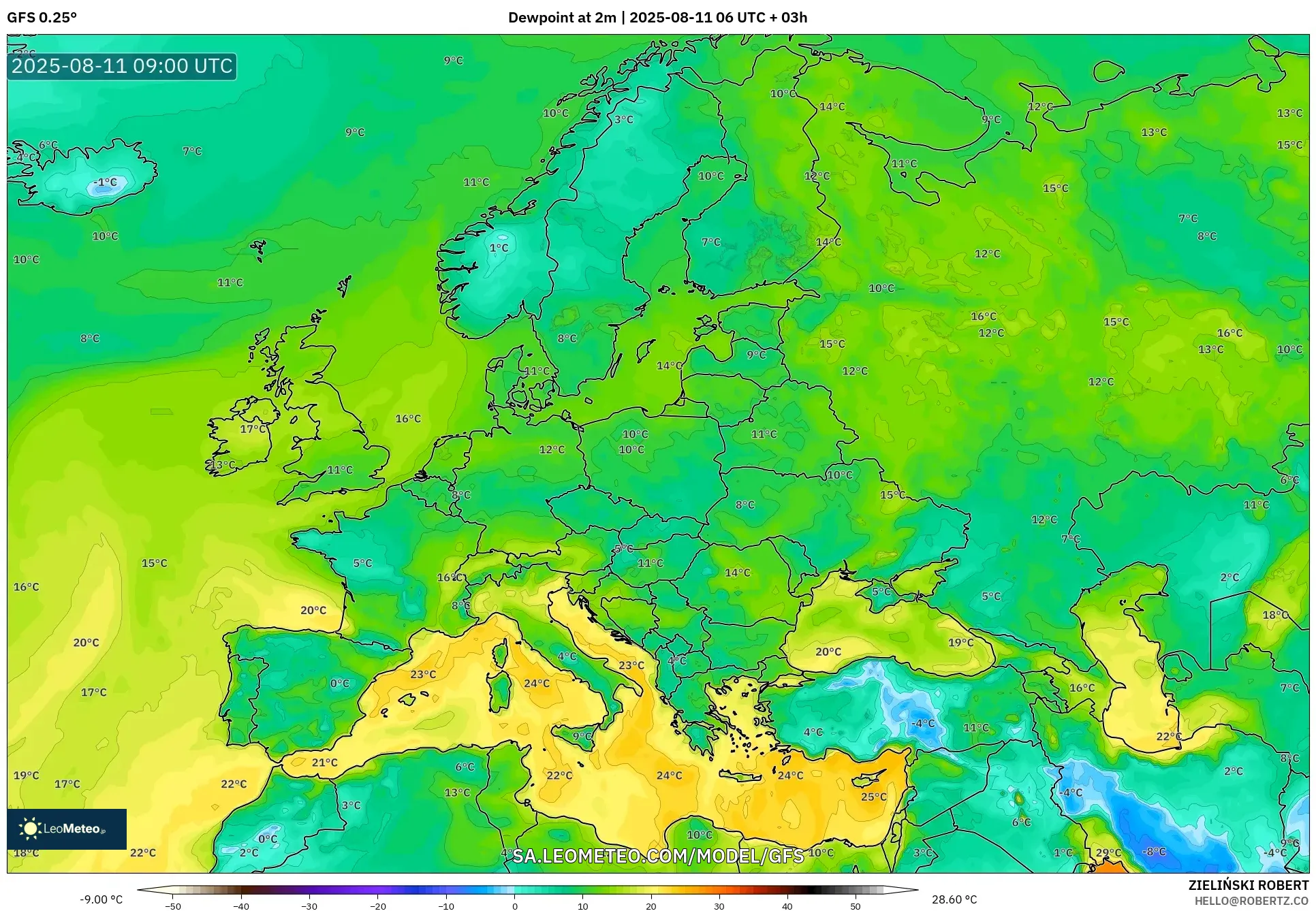 GFS model - Europe, Dewpoint at 2m