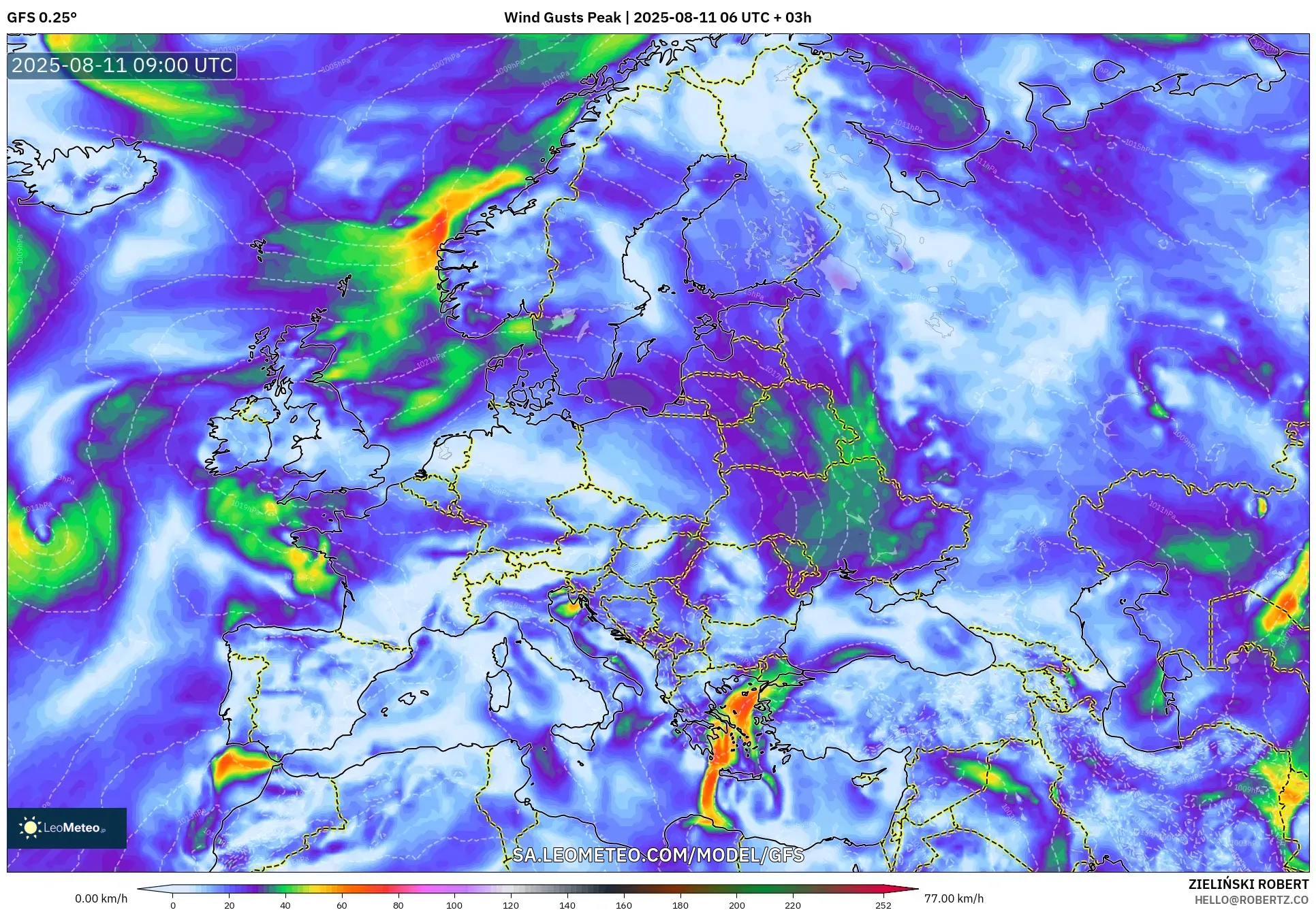 GFS model - Europe, Wind Gusts Peak