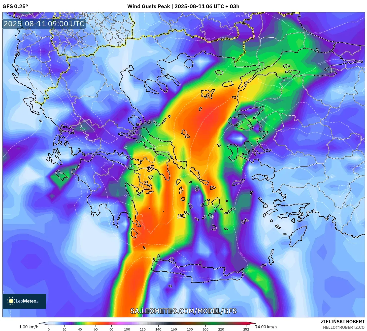 GFS model - Greece, Wind Gusts Peak