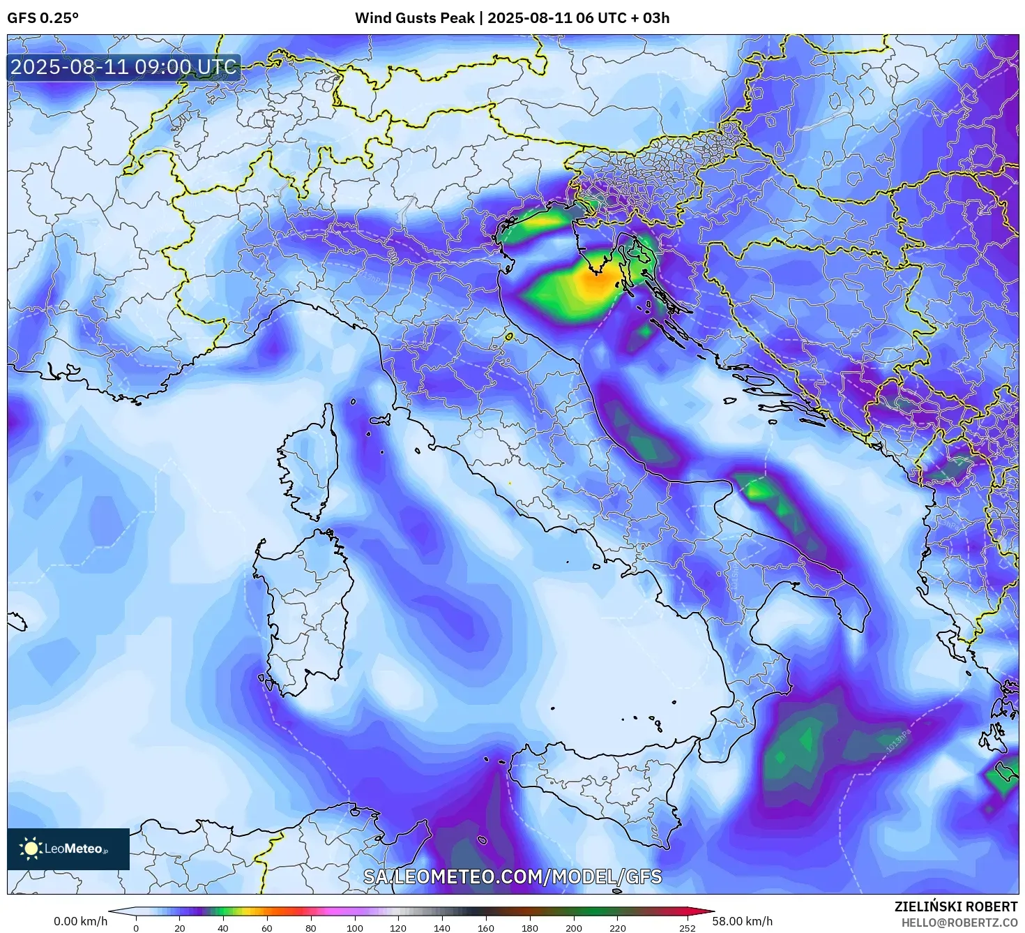 GFS model - Italy, Wind Gusts Peak