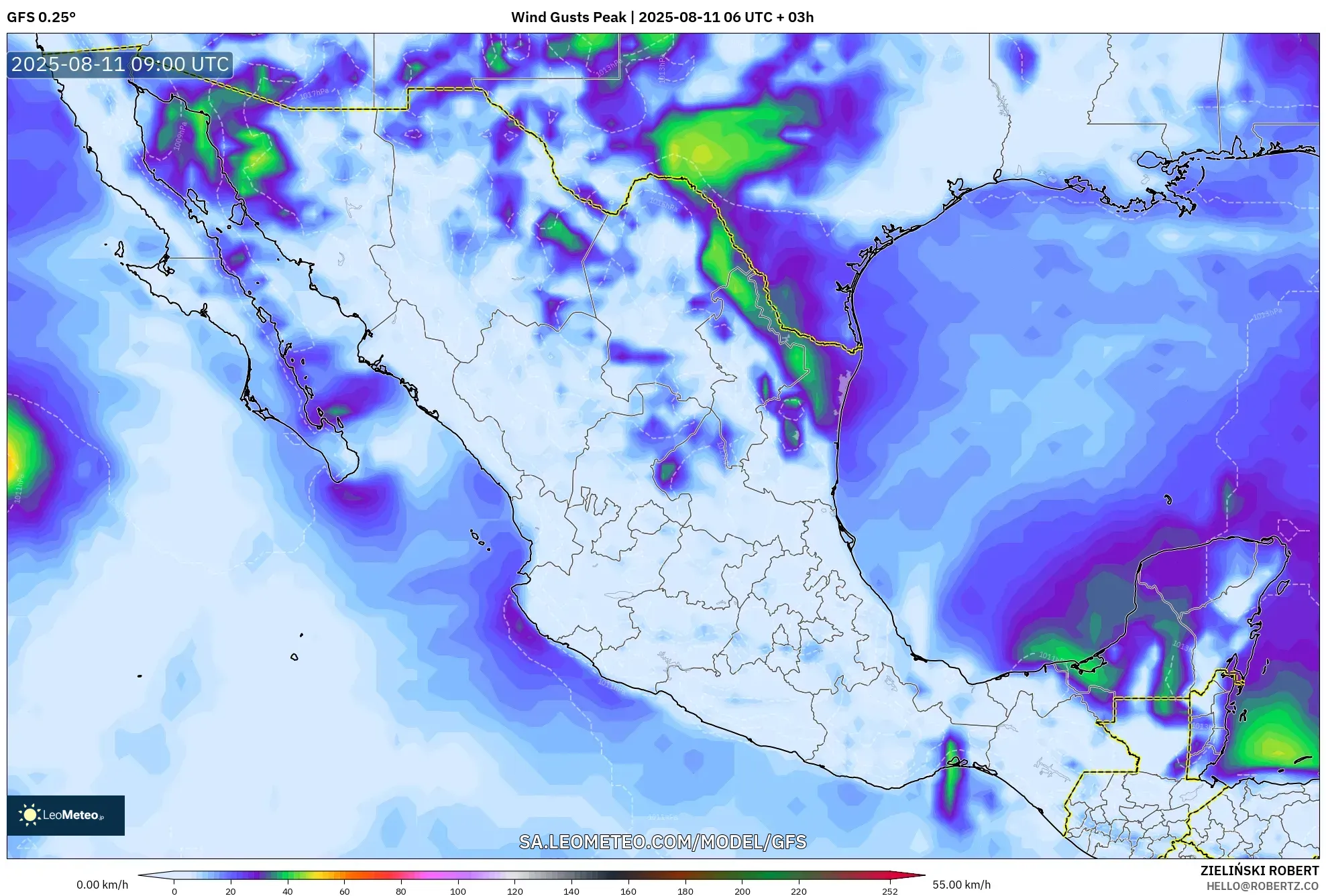 GFS model - Mexico, Wind Gusts Peak GFS model - Mexico, Wind Gusts Peak