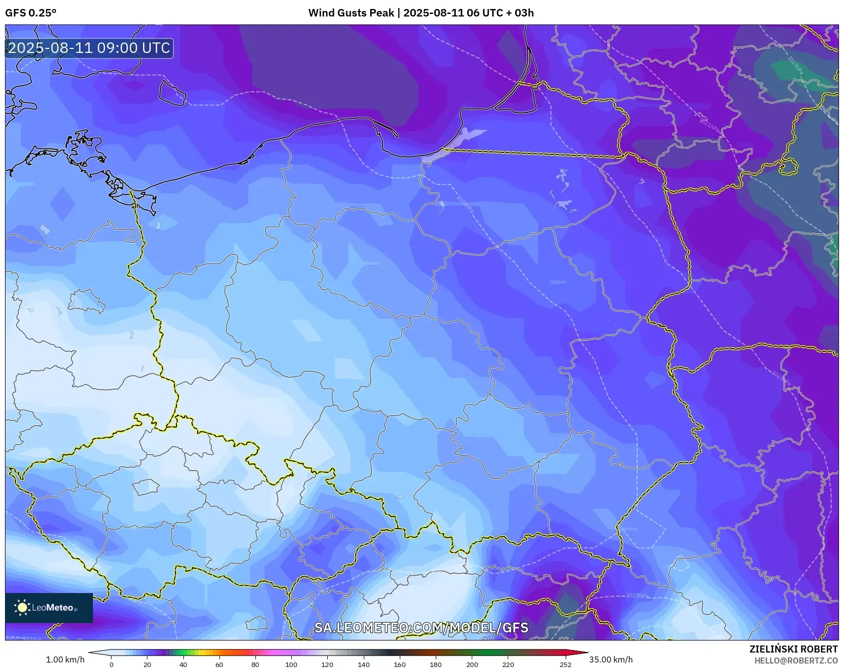 GFS model - Poland, Wind Gusts Peak