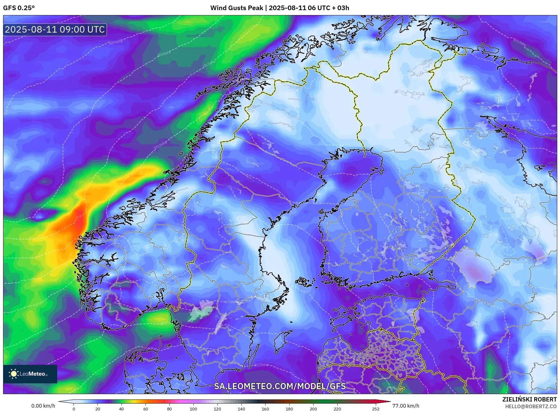 GFS model - Scandinavia, Wind Gusts Peak