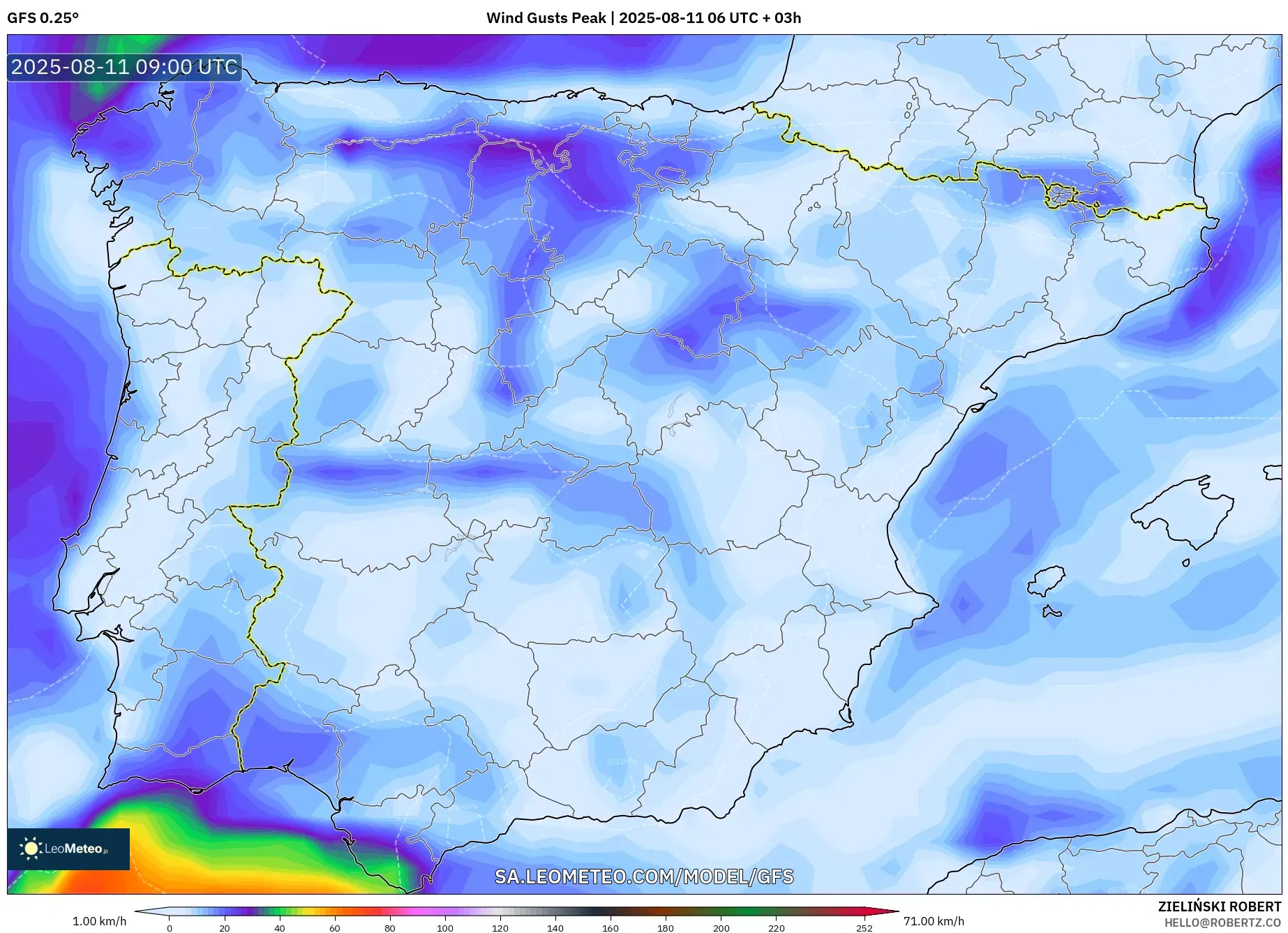 GFS model - Spain, Wind Gusts Peak