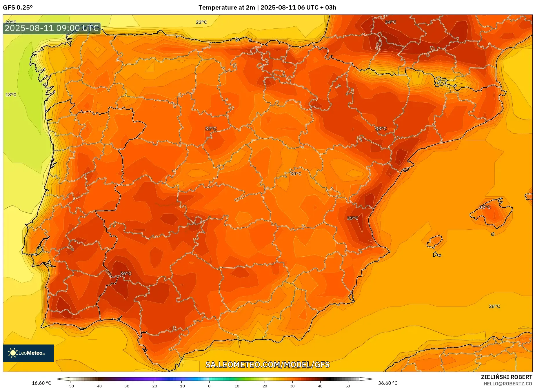 GFS model - Spain, Temperature at 2m