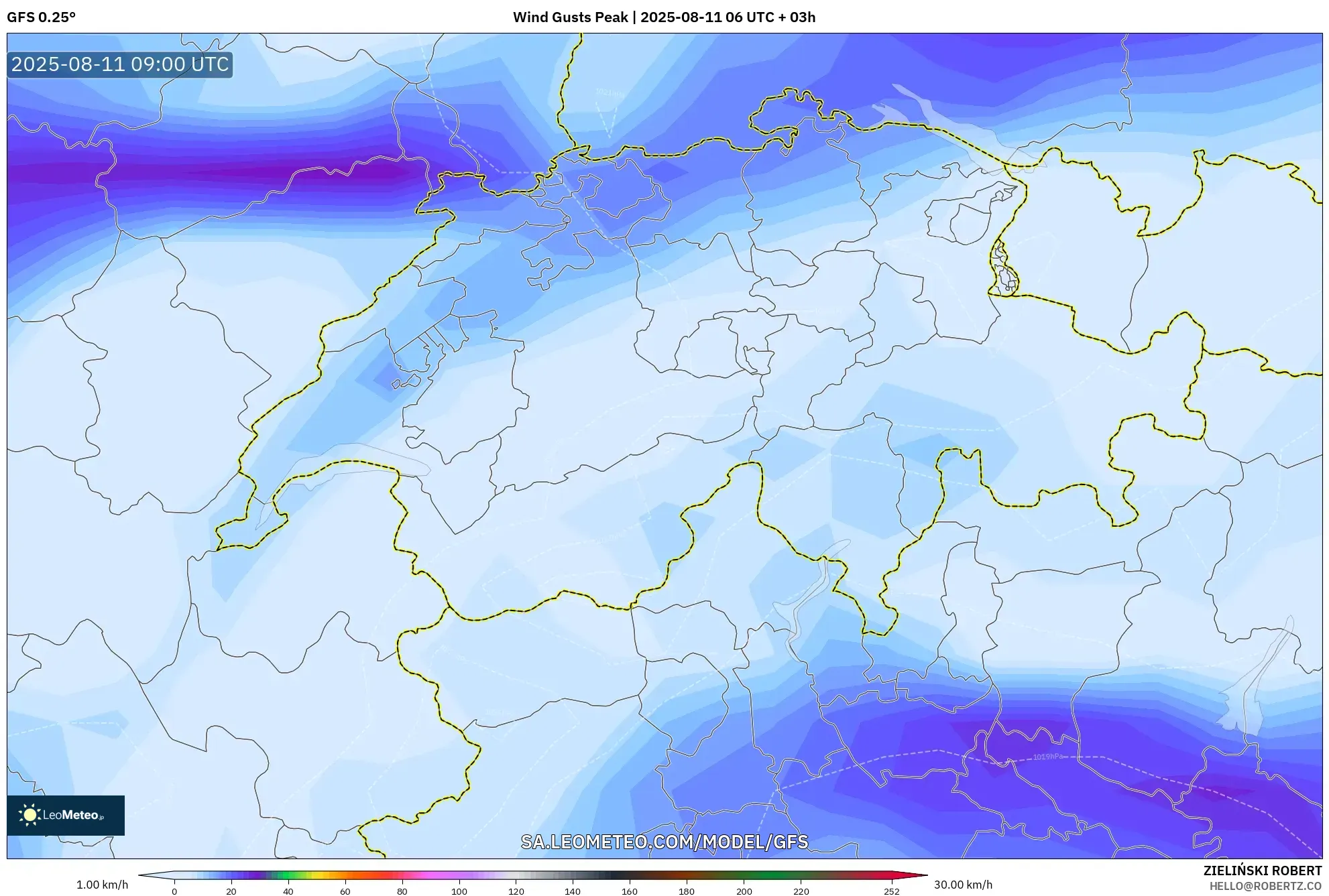 GFS model - Switzerland, Wind Gusts Peak