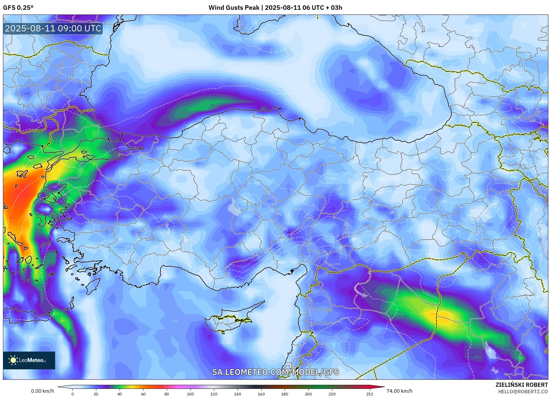 GFS model - Turkey, Wind Gusts Peak GFS model - Turkey, Wind Gusts Peak