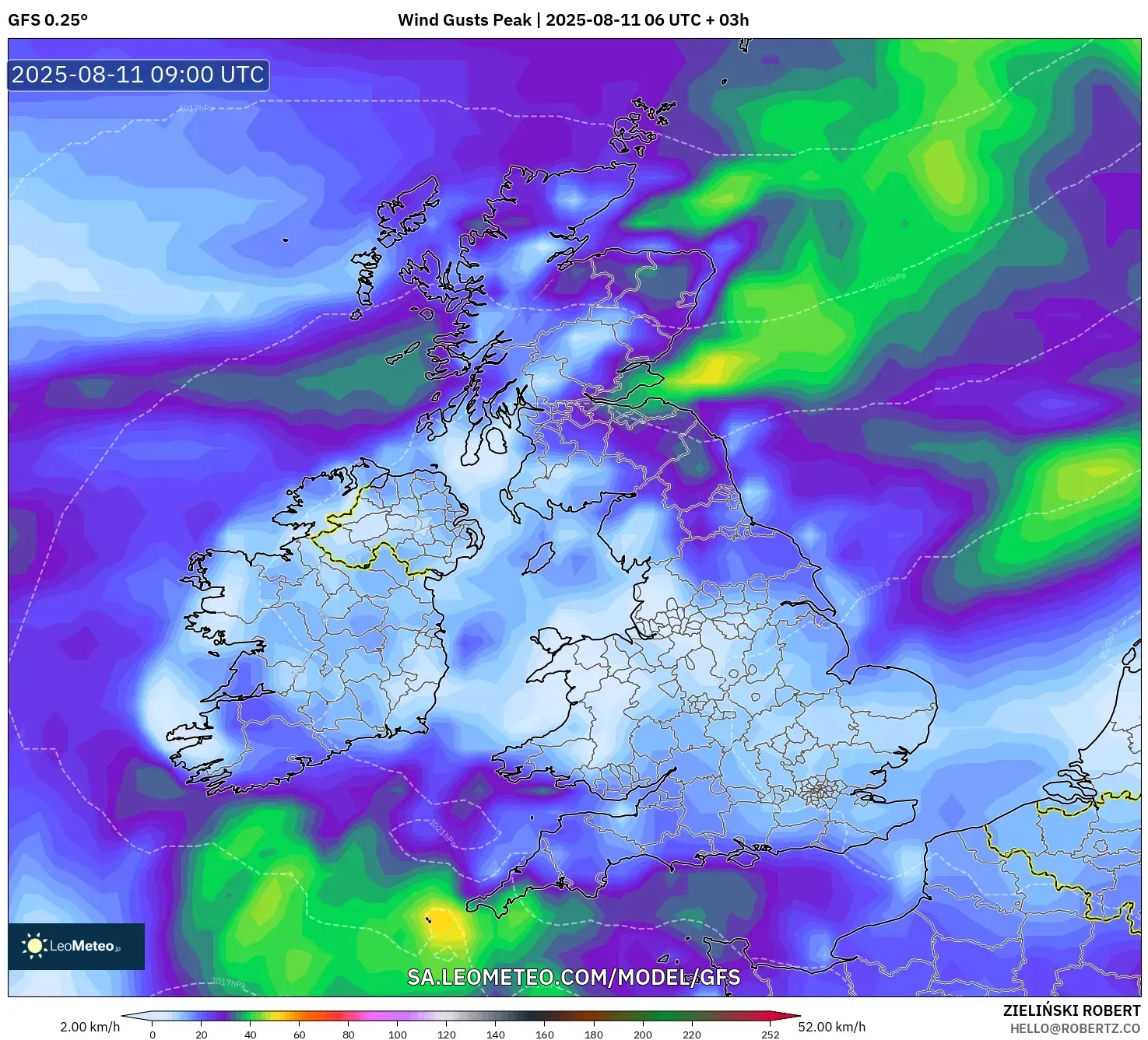 GFS model - United Kingdom, Wind Gusts Peak