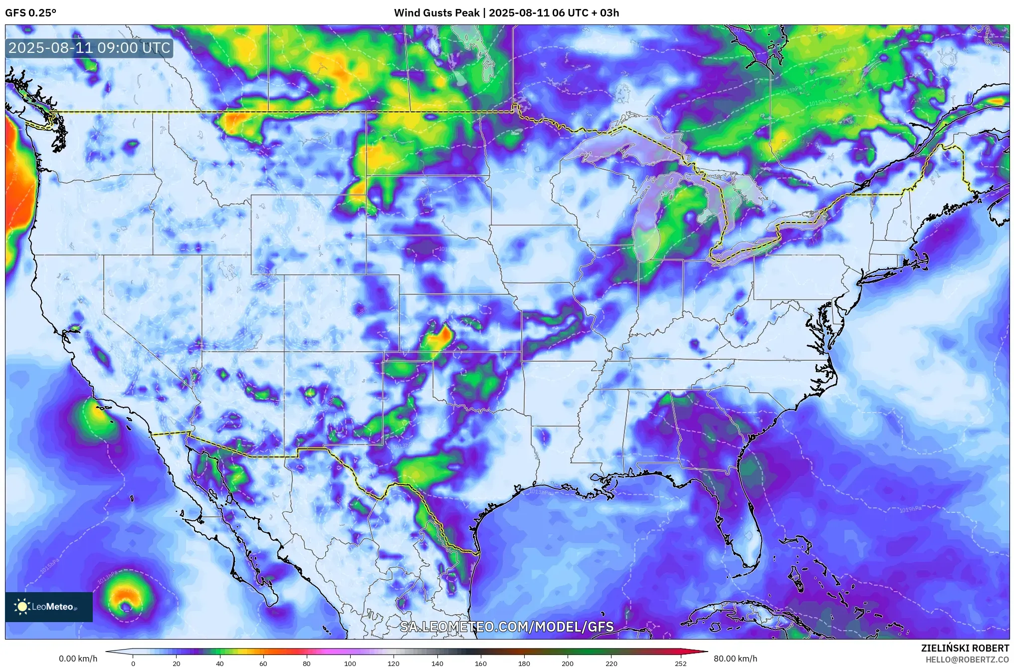 GFS model - United States, Wind Gusts Peak