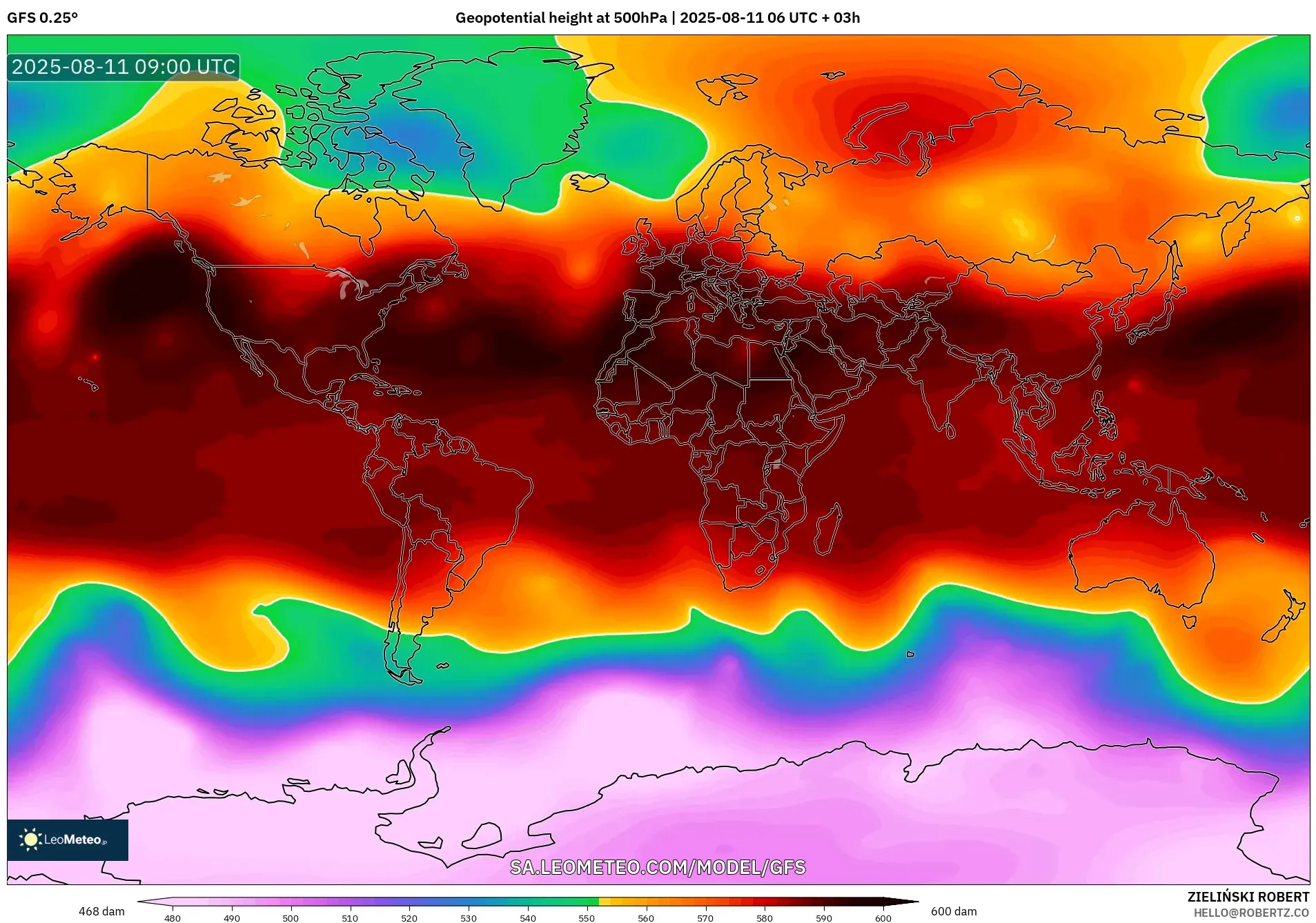 GFS model - World, Geopotential height at 500hPa