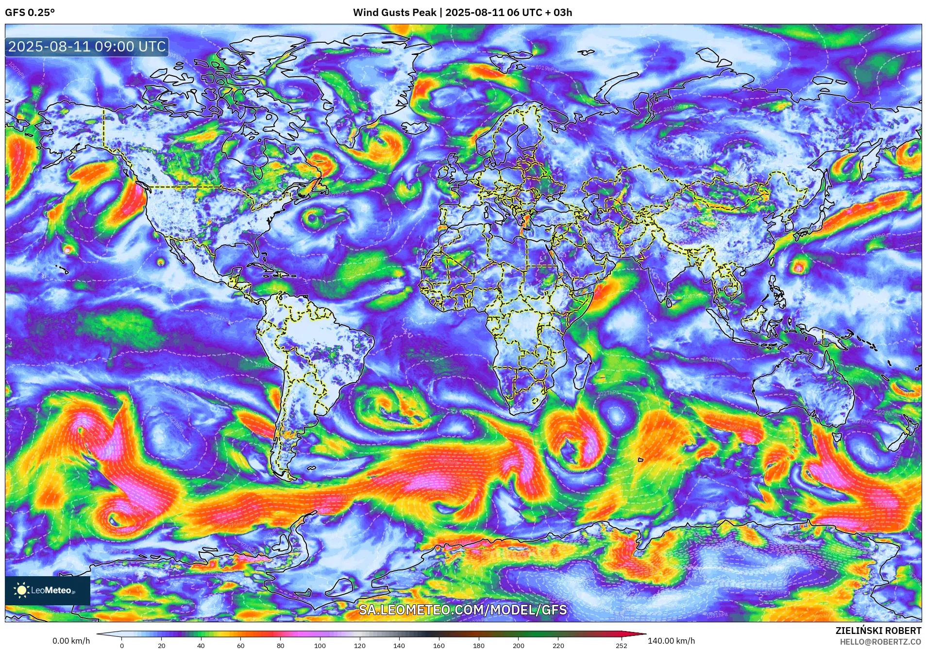 GFS model - World, Wind Gusts Peak GFS model - World, Wind Gusts Peak