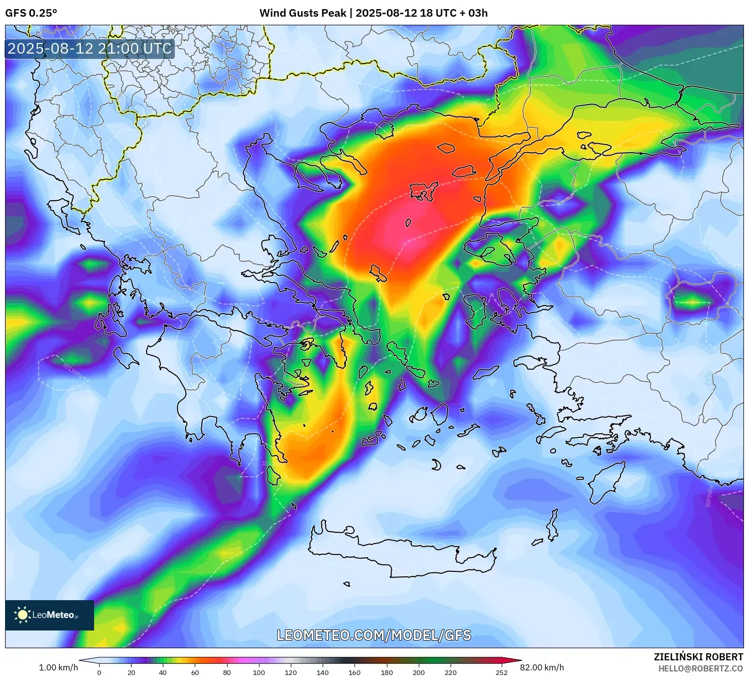 GFS model - Greece, Wind Gusts Peak GFS model - Greece, Wind Gusts Peak