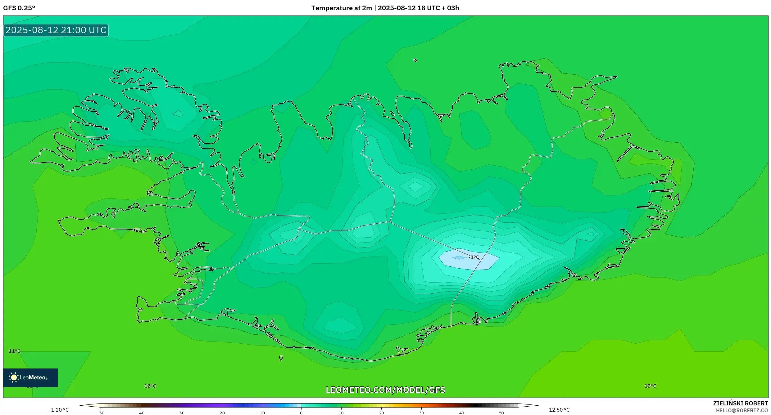 GFS model - Iceland, Temperature at 2m GFS model - Iceland, Temperature at 2m