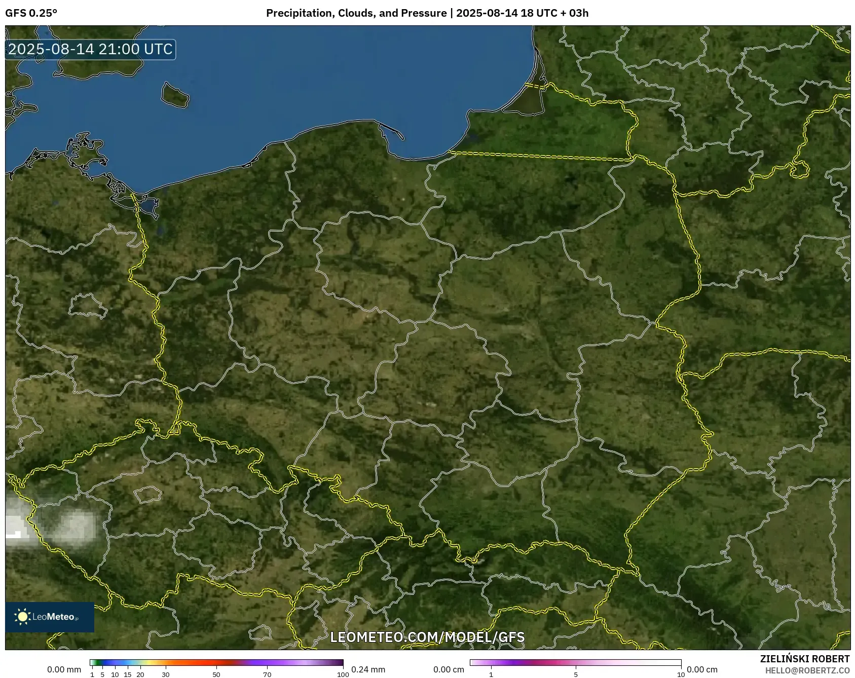 GFS model - Poland, Precipitation, Clouds, and Pressure