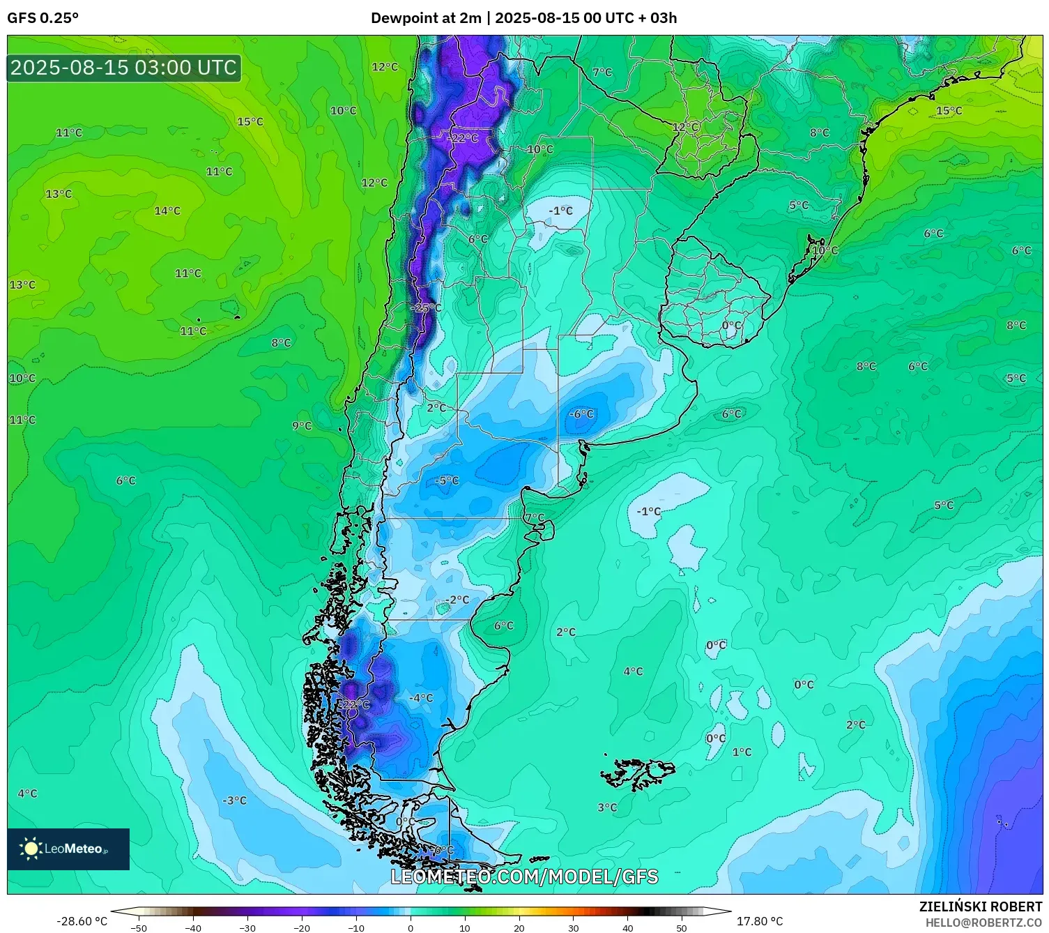 GFS model - Argentina, Dewpoint at 2m