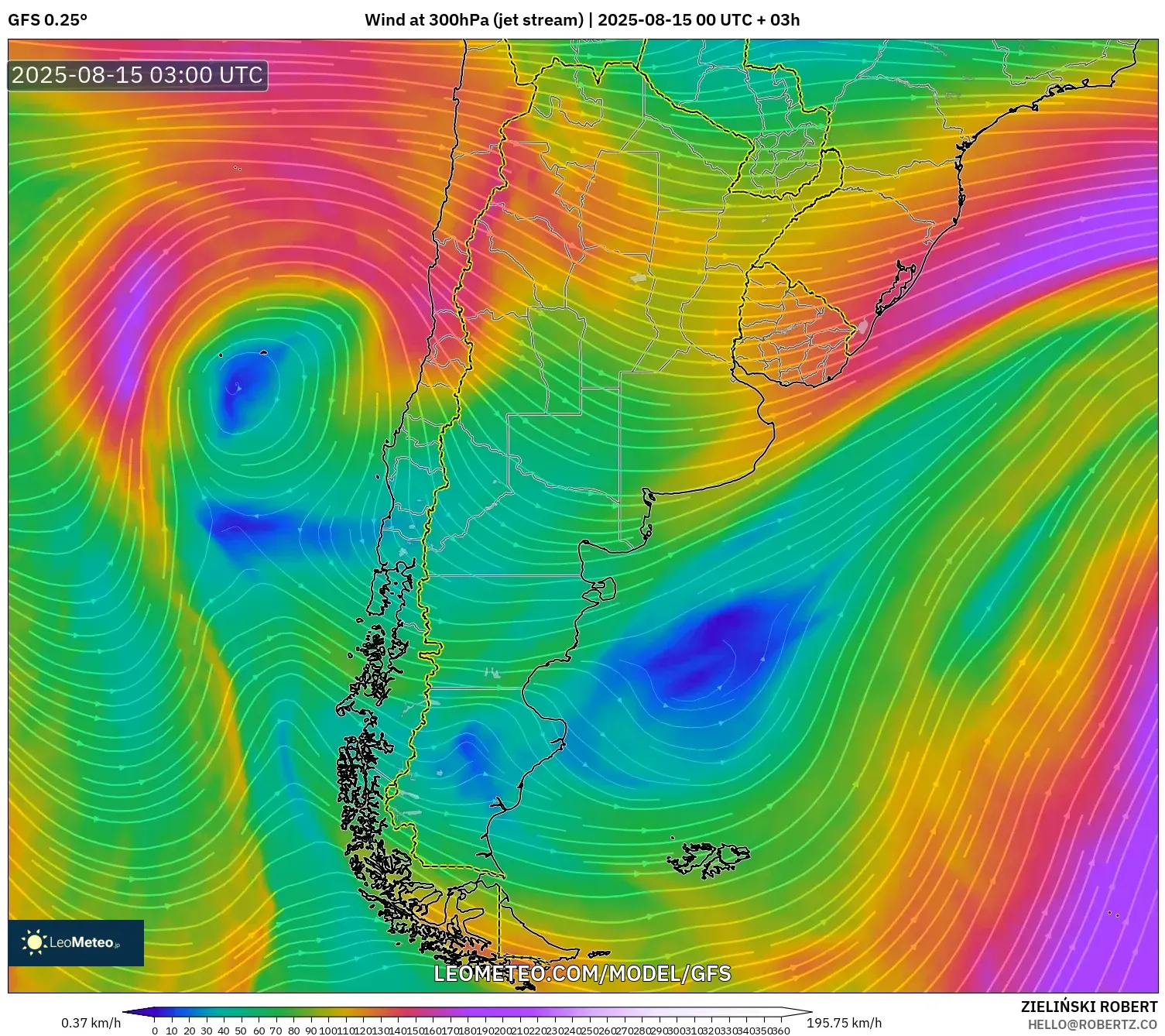 GFS model - Argentina, Wind at 300hPa (jet stream)