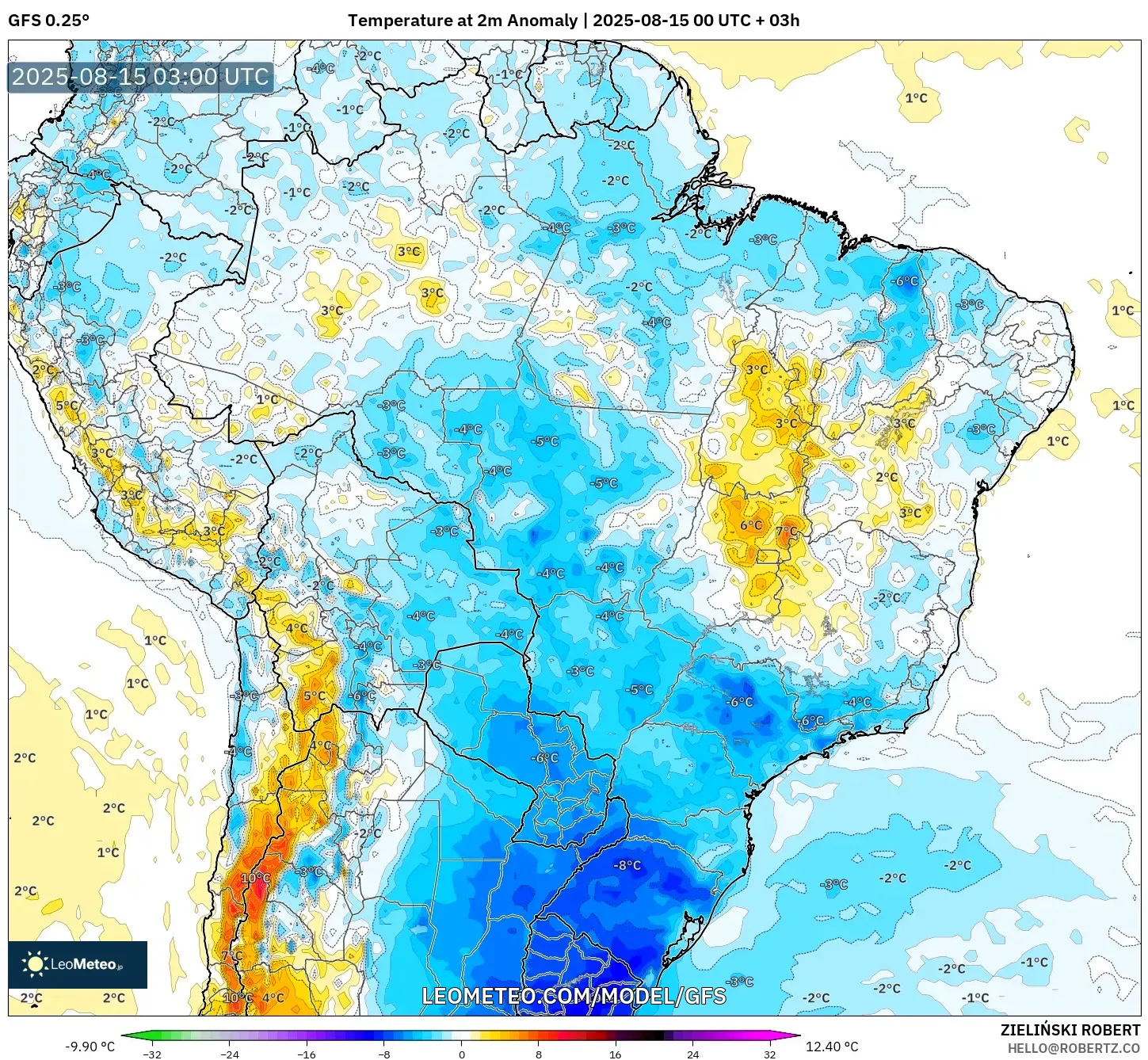 GFS model - Brazil, Temperature at 2m Anomaly
