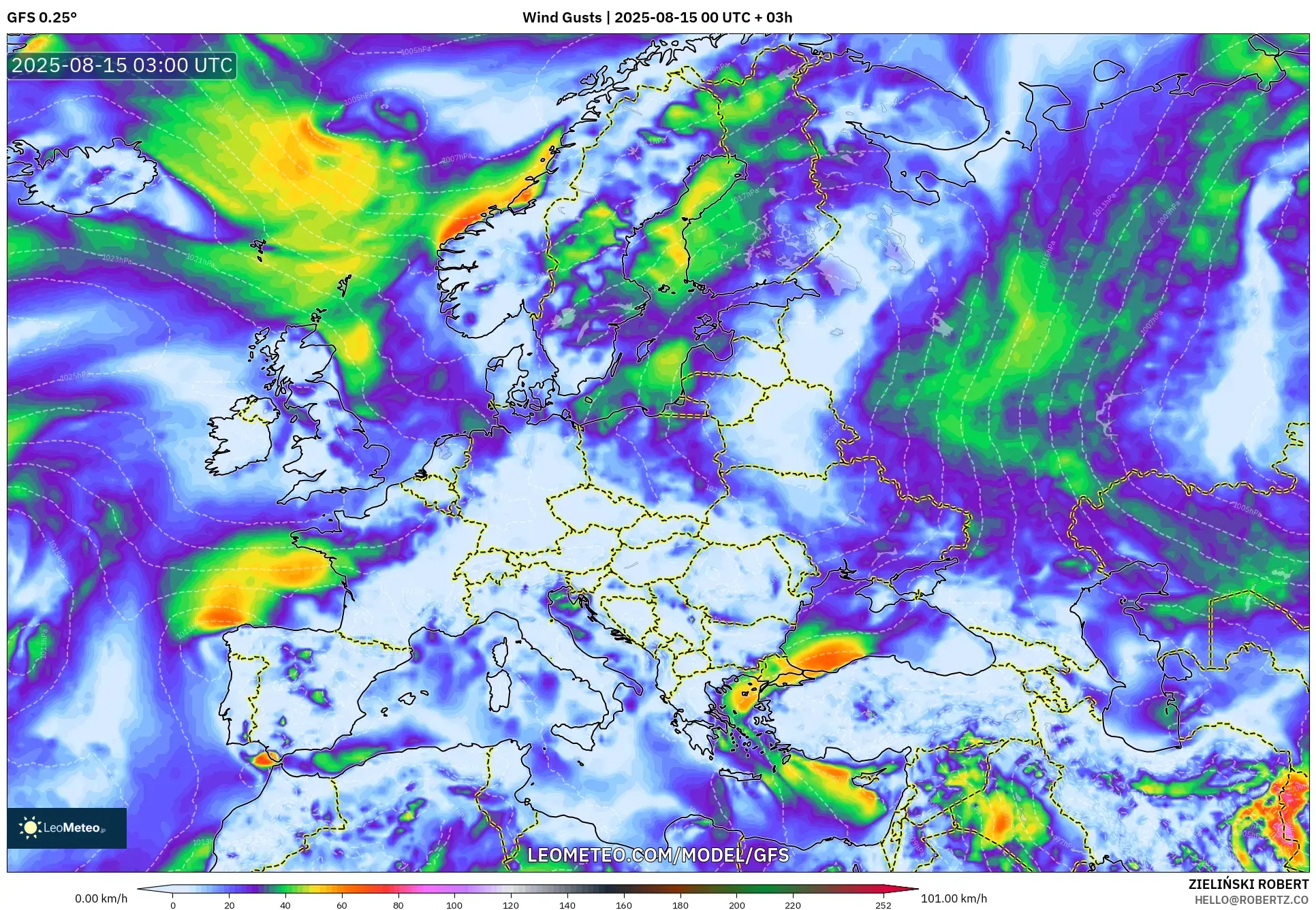 GFS model - Europe, Wind Gusts