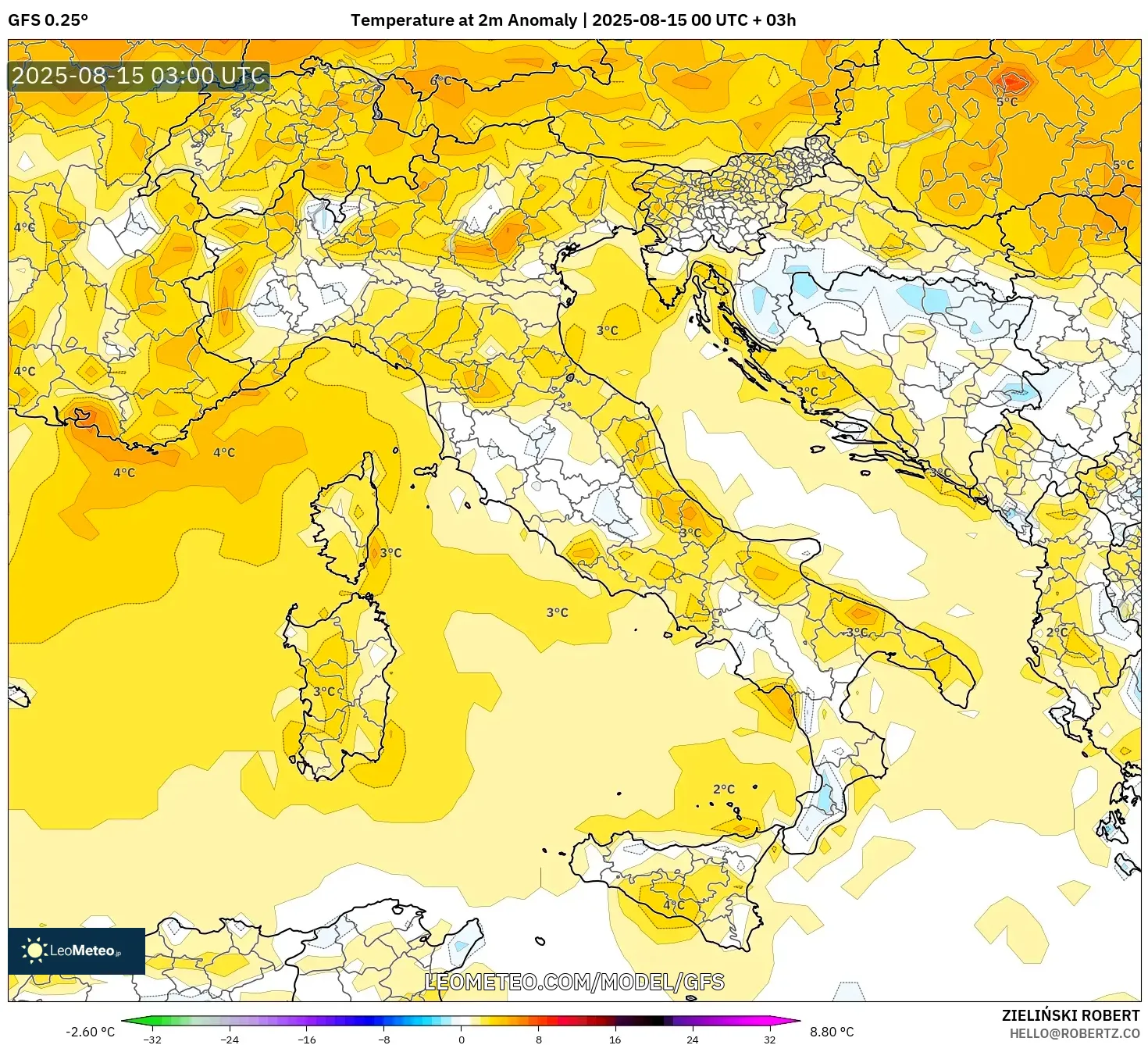 GFS model - Italy, Temperature at 2m Anomaly