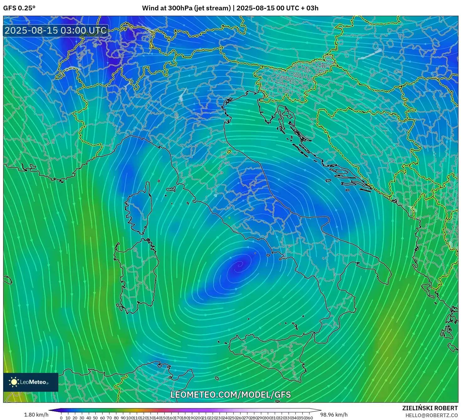 GFS model - Italy, Wind at 300hPa (jet stream)