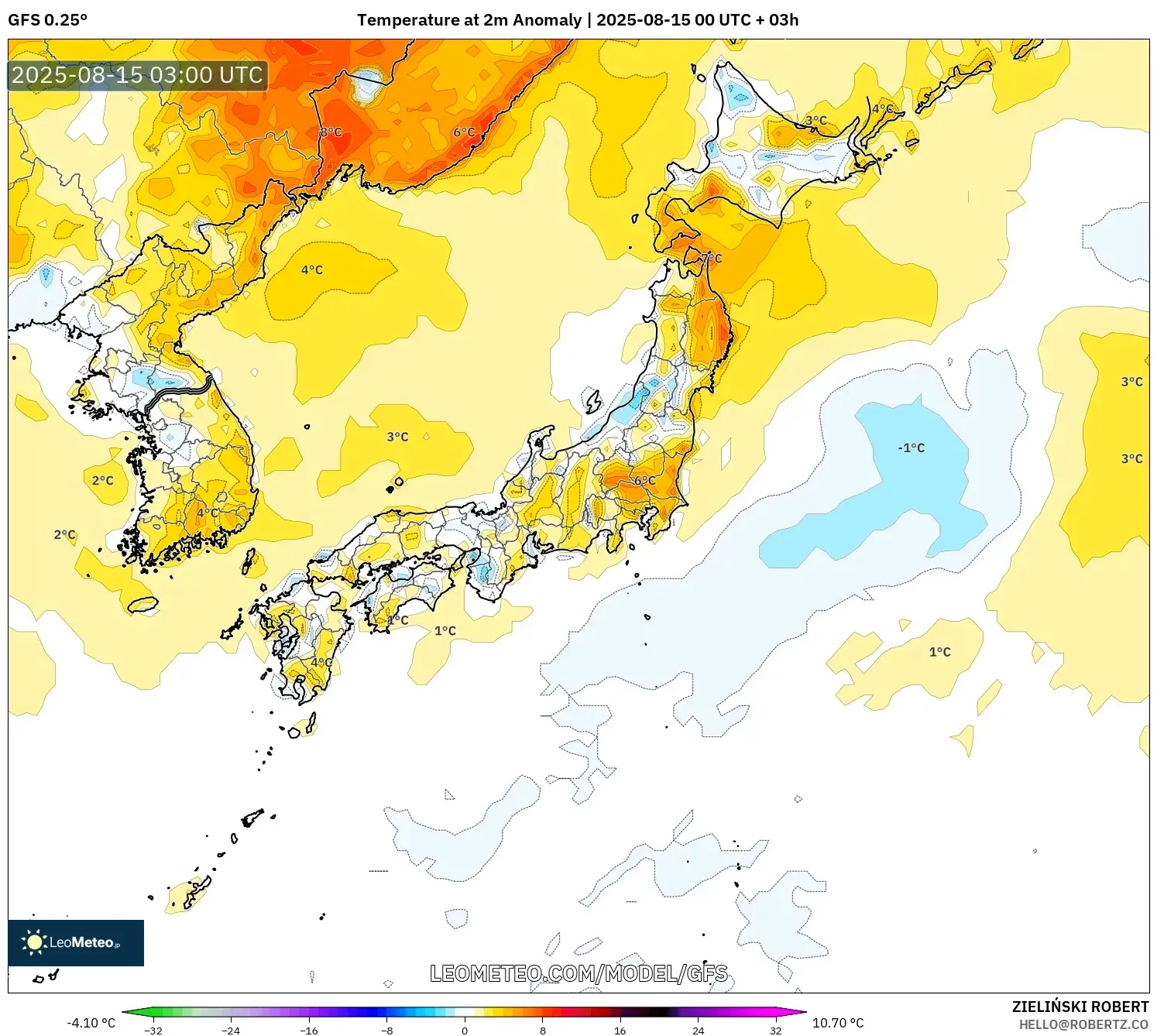 GFS model - Japan, Temperature at 2m Anomaly