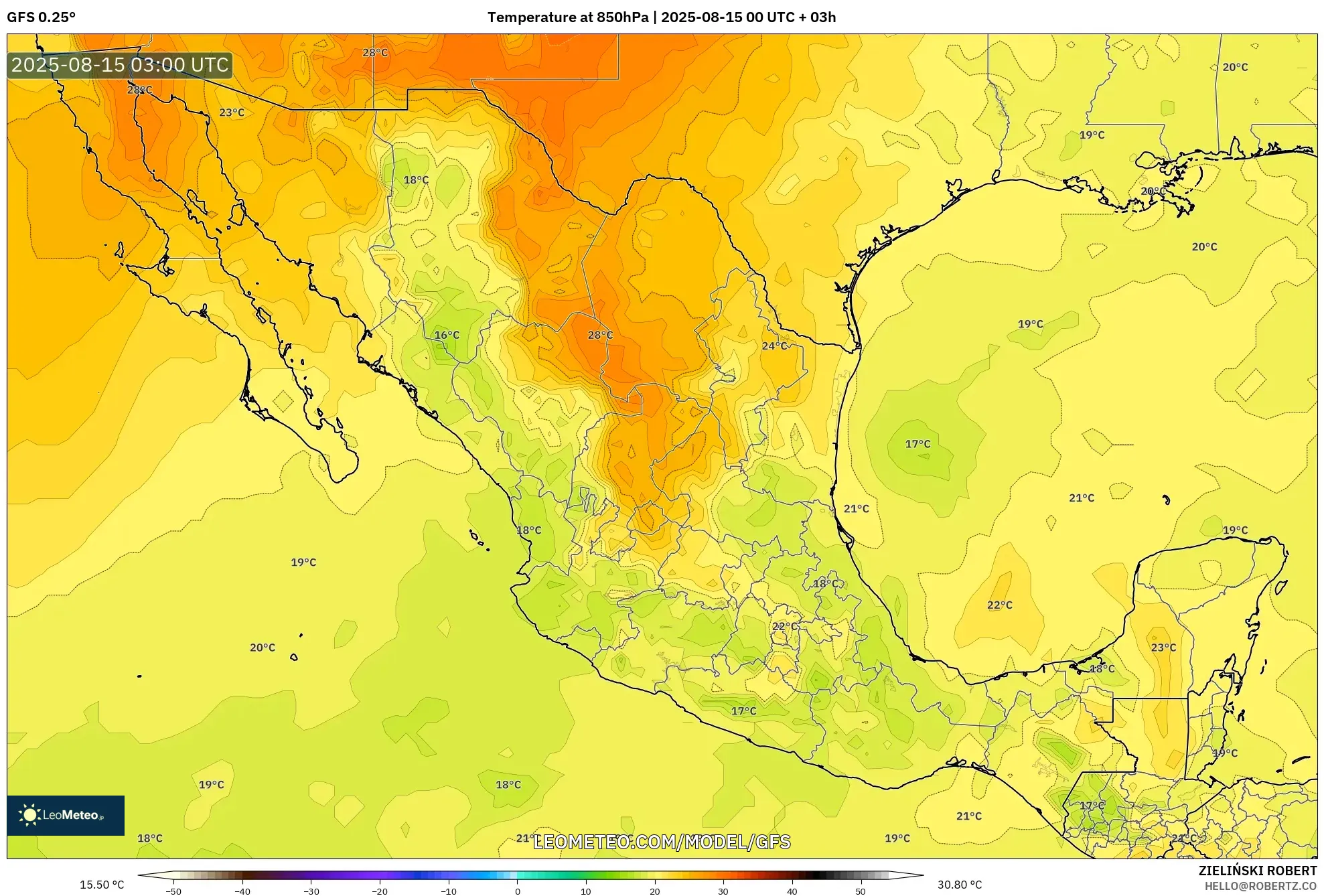 GFS model - Mexico, Temperature at 850hPa