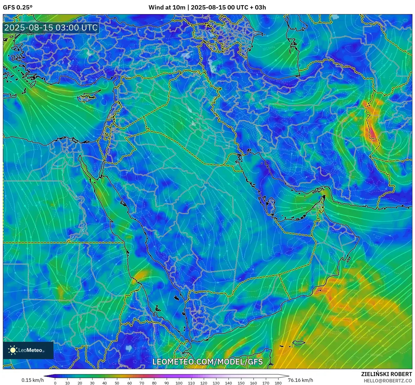 GFS model - Middle East, Wind at 10m