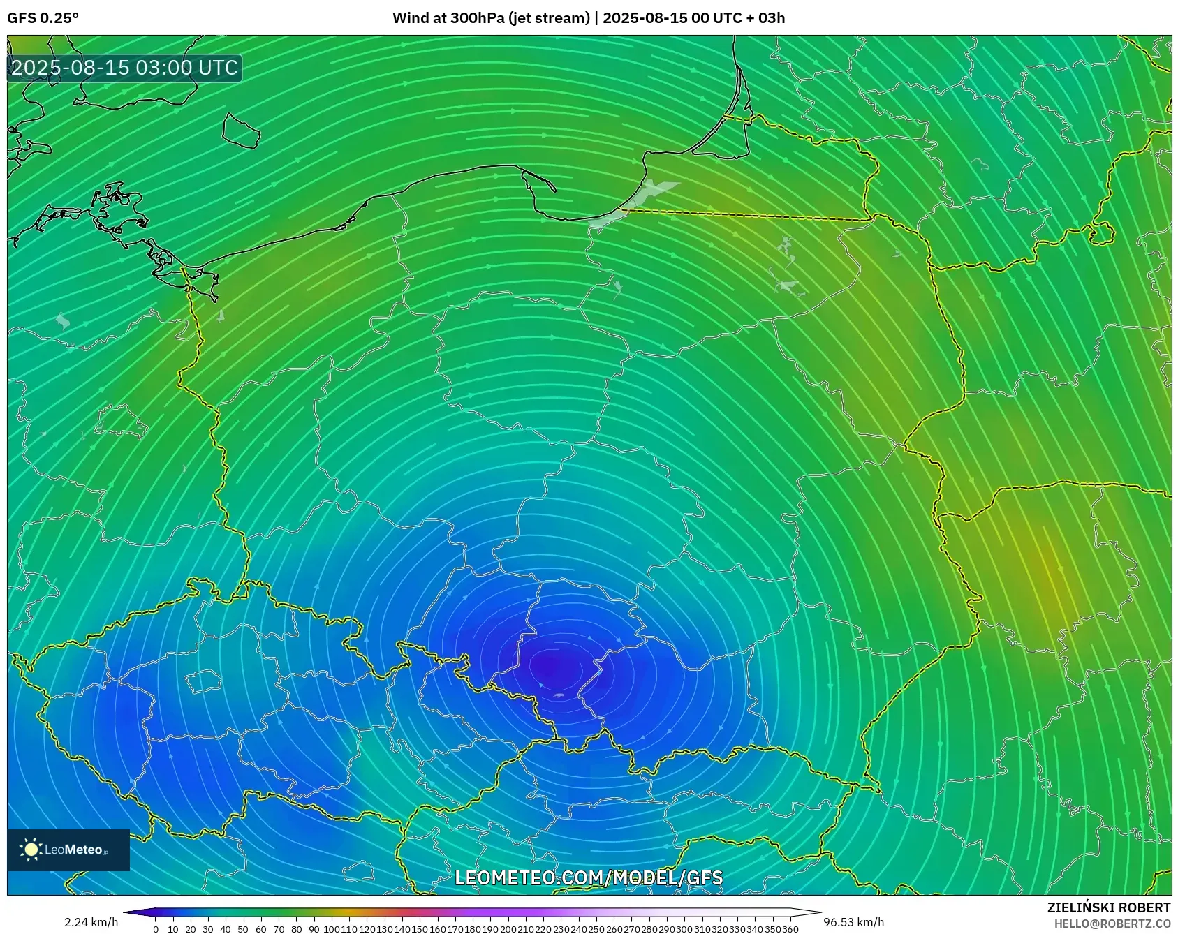 GFS model - Poland, Wind at 300hPa (jet stream)