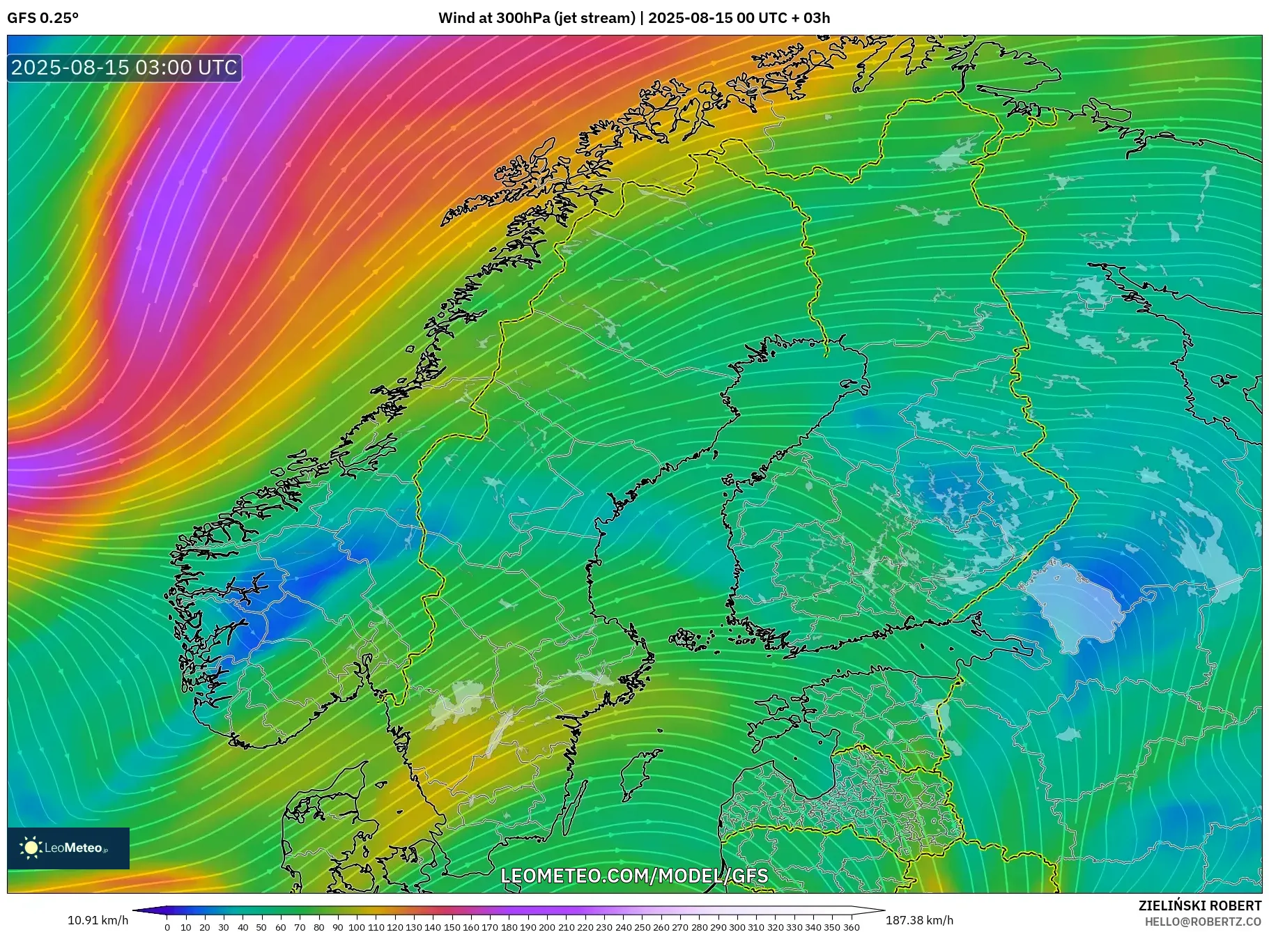 GFS model - Scandinavia, Wind at 300hPa (jet stream)