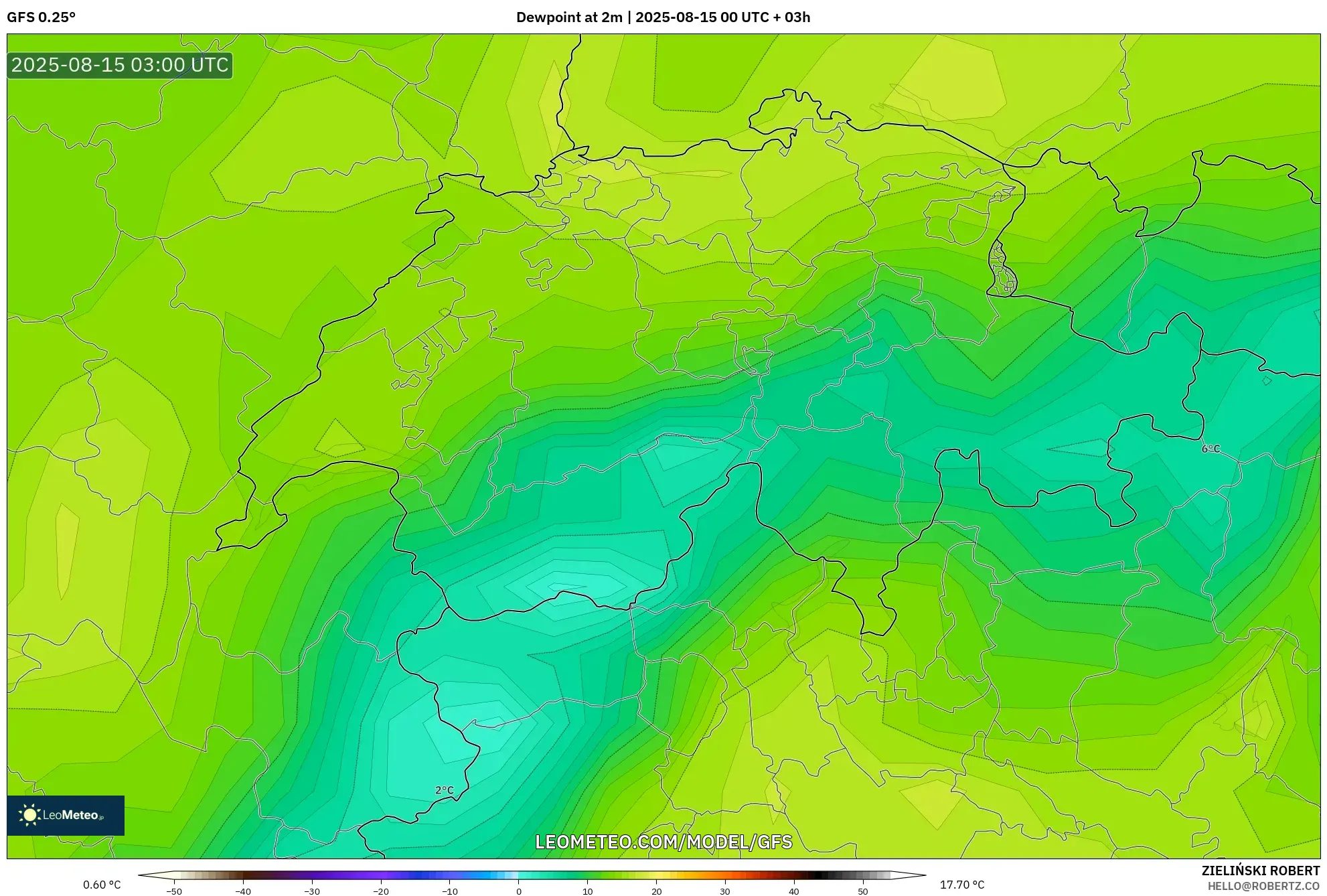 GFS model - Switzerland, Dewpoint at 2m